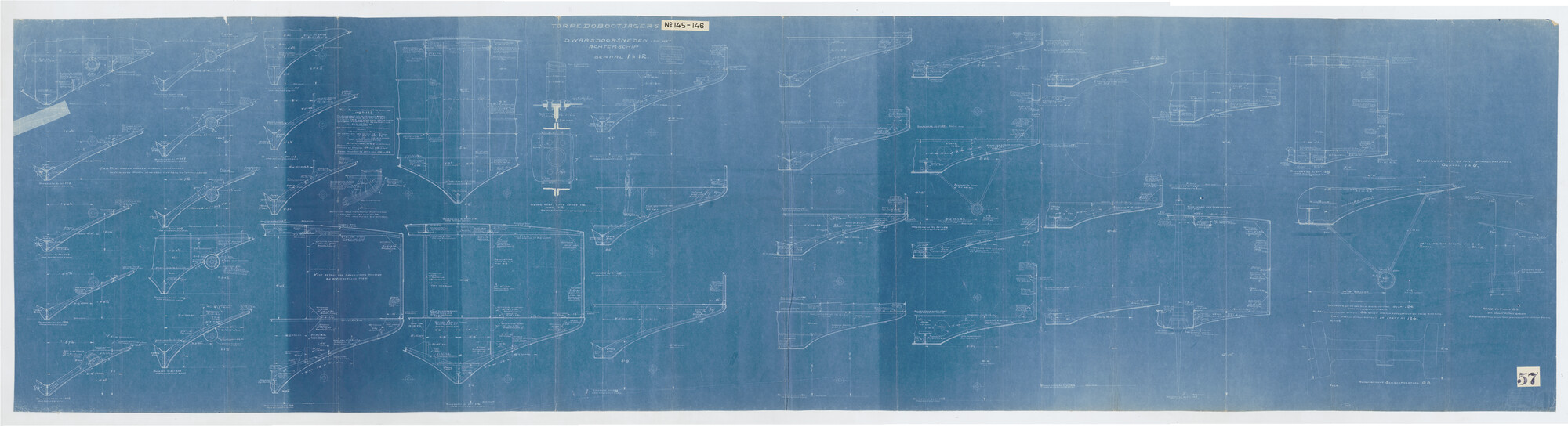 S.2175(3637); Dwarsdoorsneden over het achterschip aan boord van de torpedobootjagers Hr.Ms. 'Lynx' en Hr.Ms. 'Hermelijn'; technische tekening