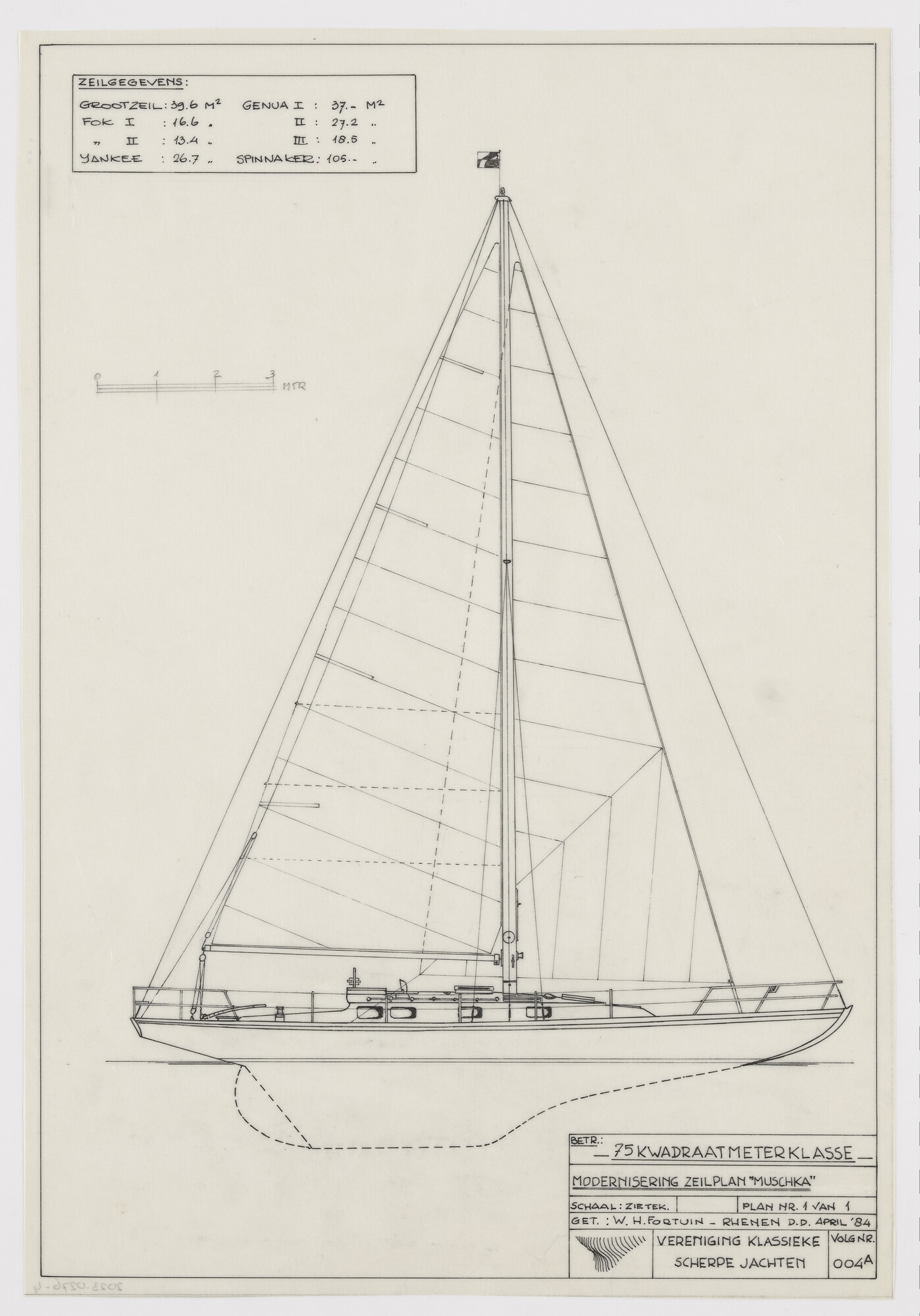 2023.0276-4; Technische tekening van 75 m2 klasse zeiljacht Muschka; technische tekening