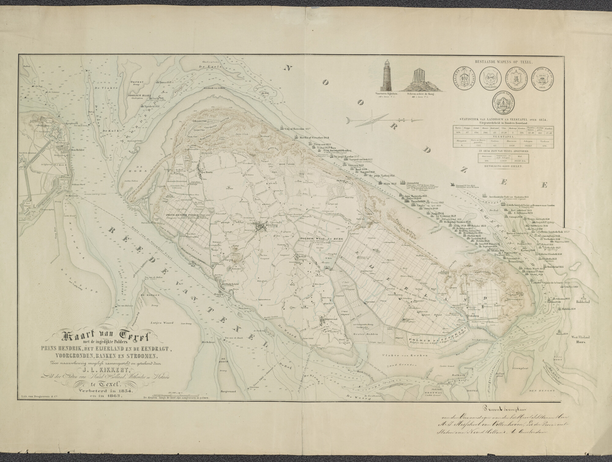 A.0149 [nr 0008]; Gekleurde kaart van Texel; landkaart
