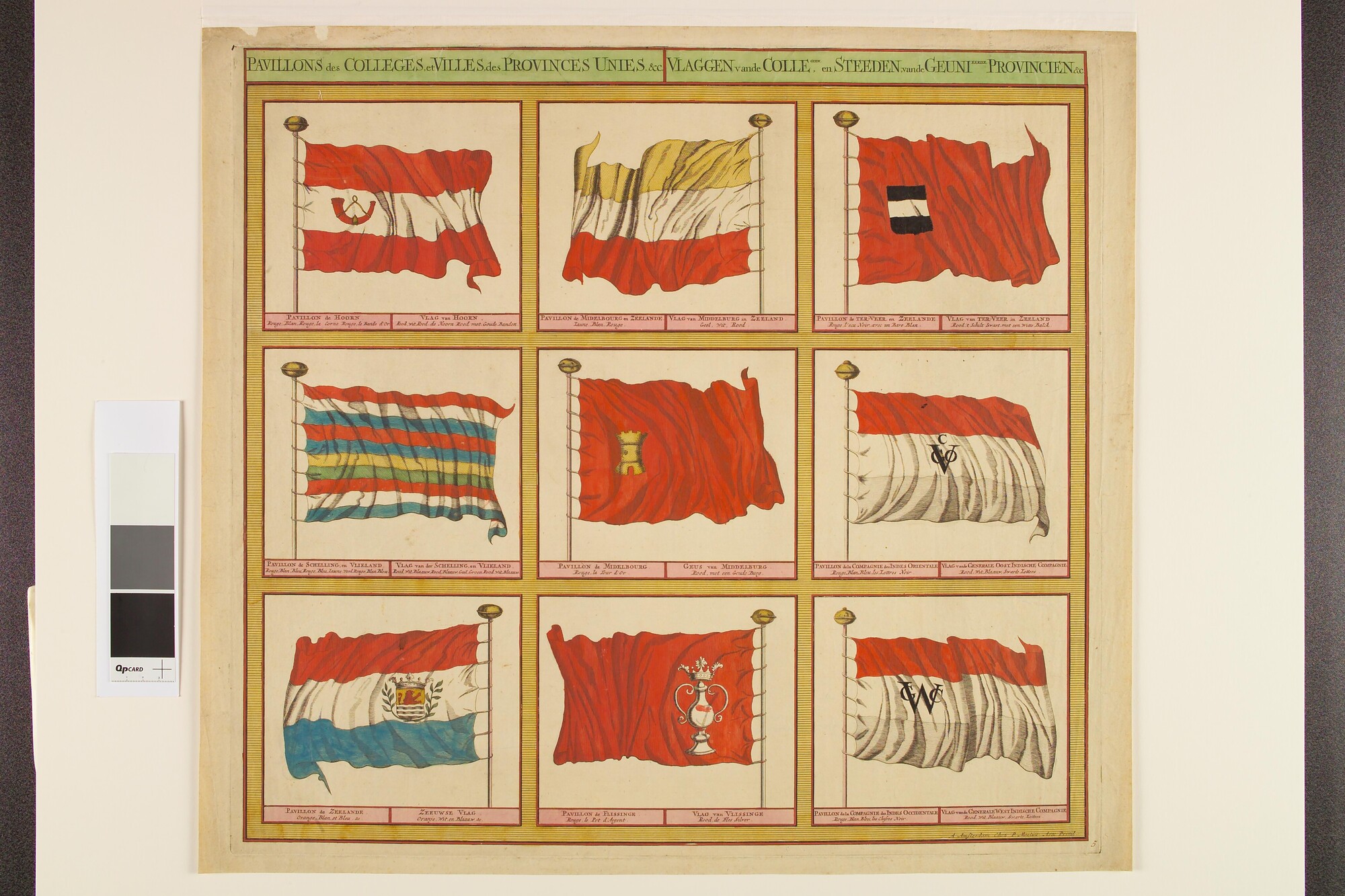 A.0386(03)05; Vlaggenkaart met 9 vlaggen uit een serie van 12 bladen; prent