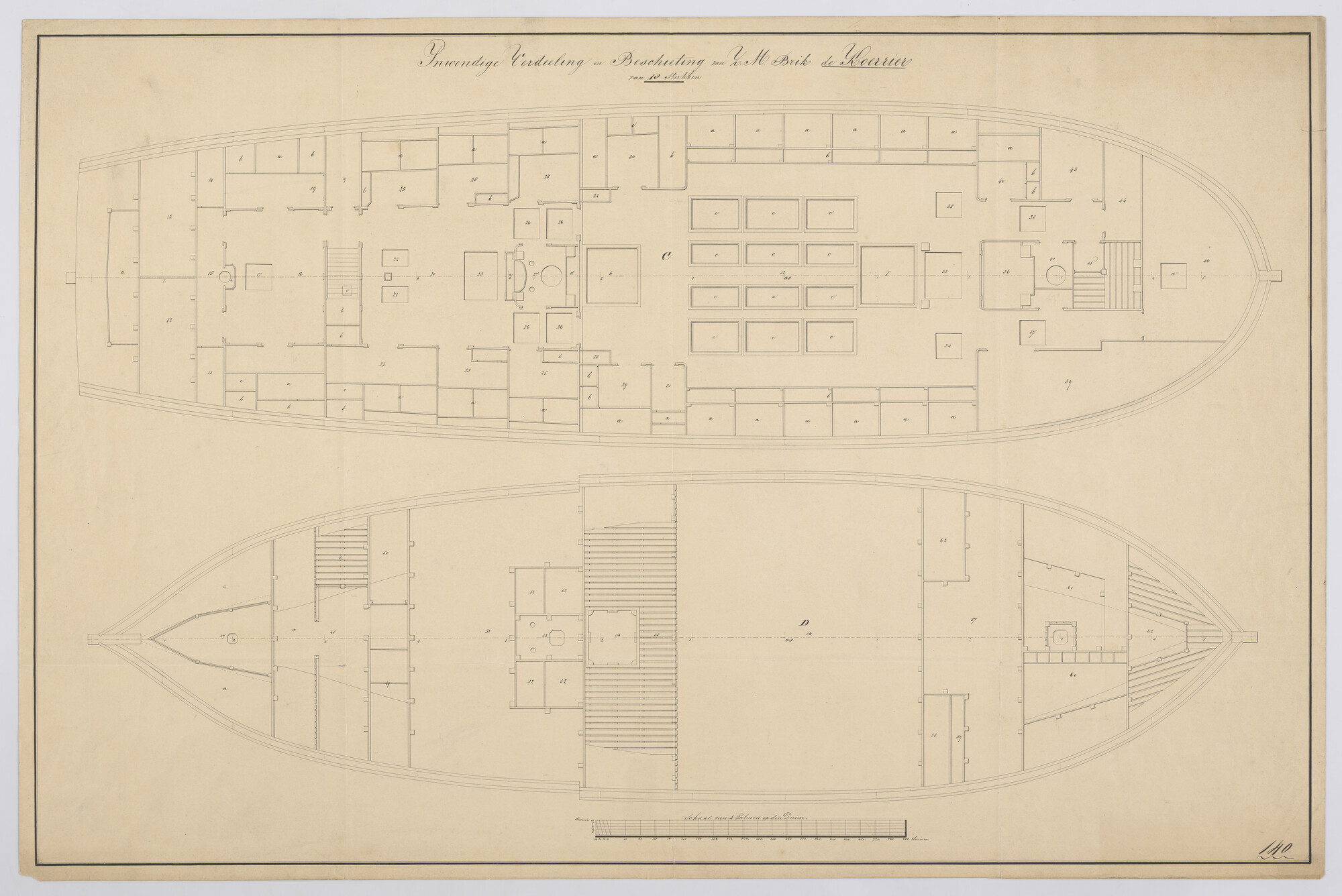 S.1214(0186)a; Indelingsplan van de brik Zr.Ms. 'Koerier' van 18 stukken; technische tekening