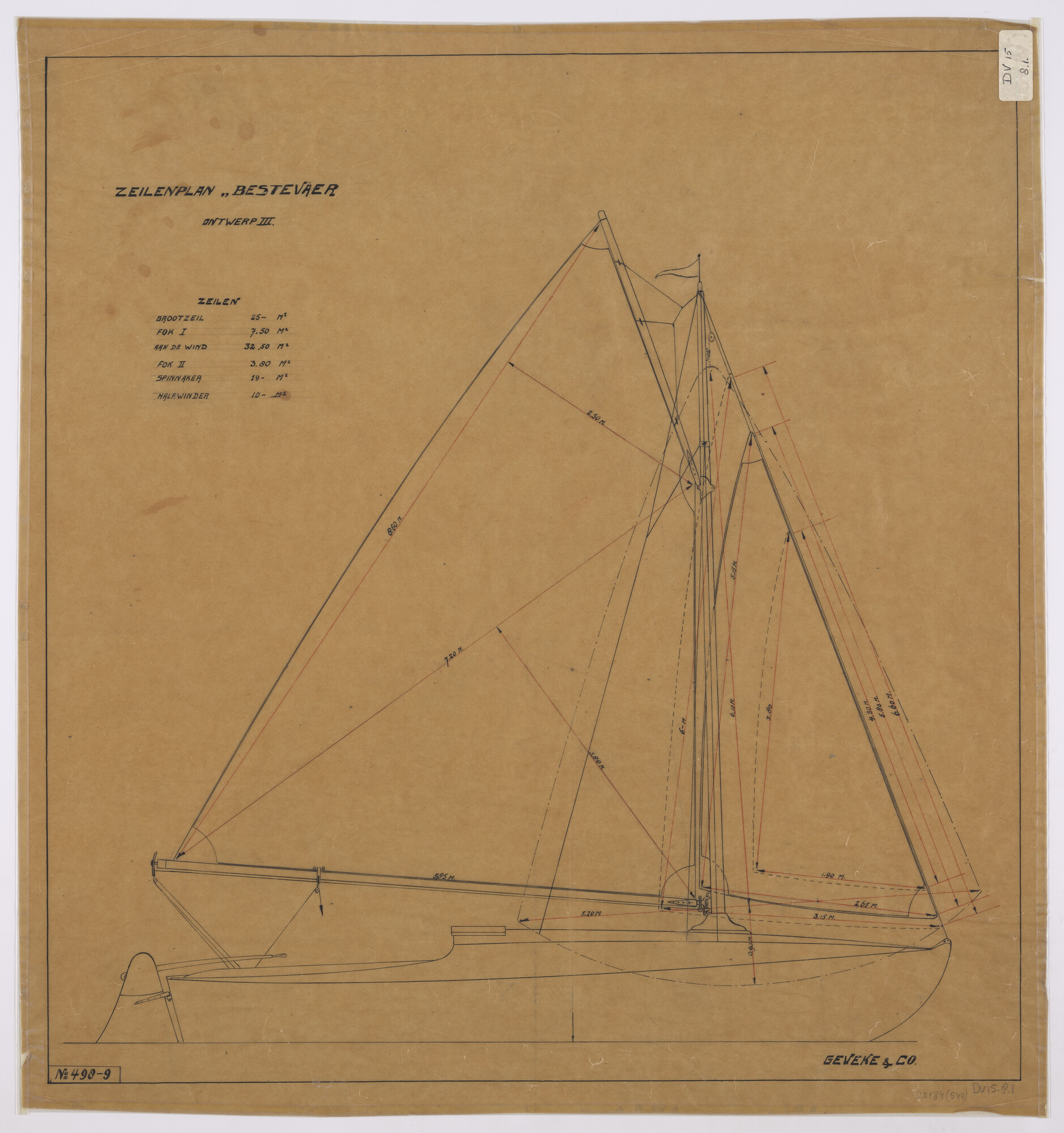 S.5184(540); Zeilplan van het zeiljacht 'Bestevaer'; technische tekening