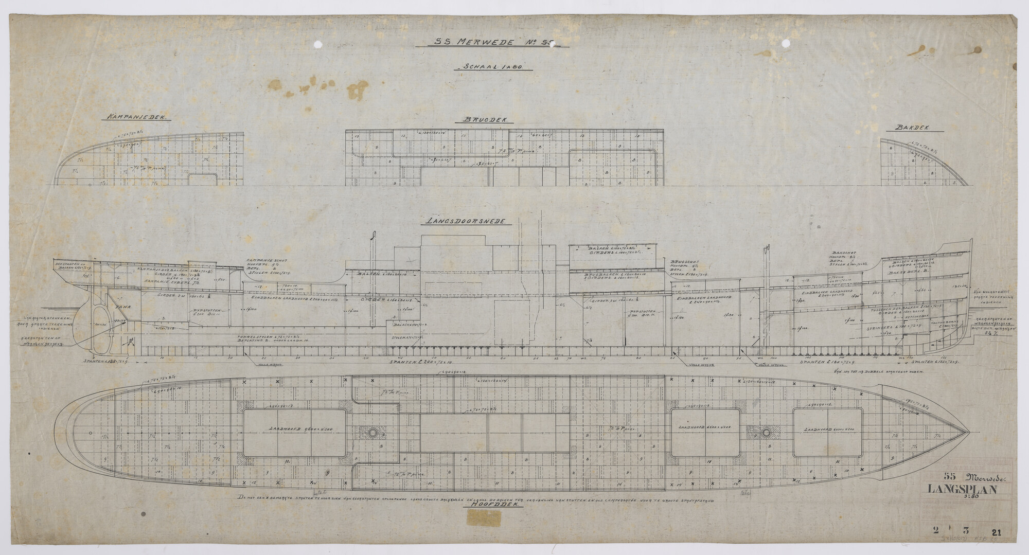 S.4765(013); Langsplan van het vrachtschip ss. 'Amstelstroom'; technische tekening