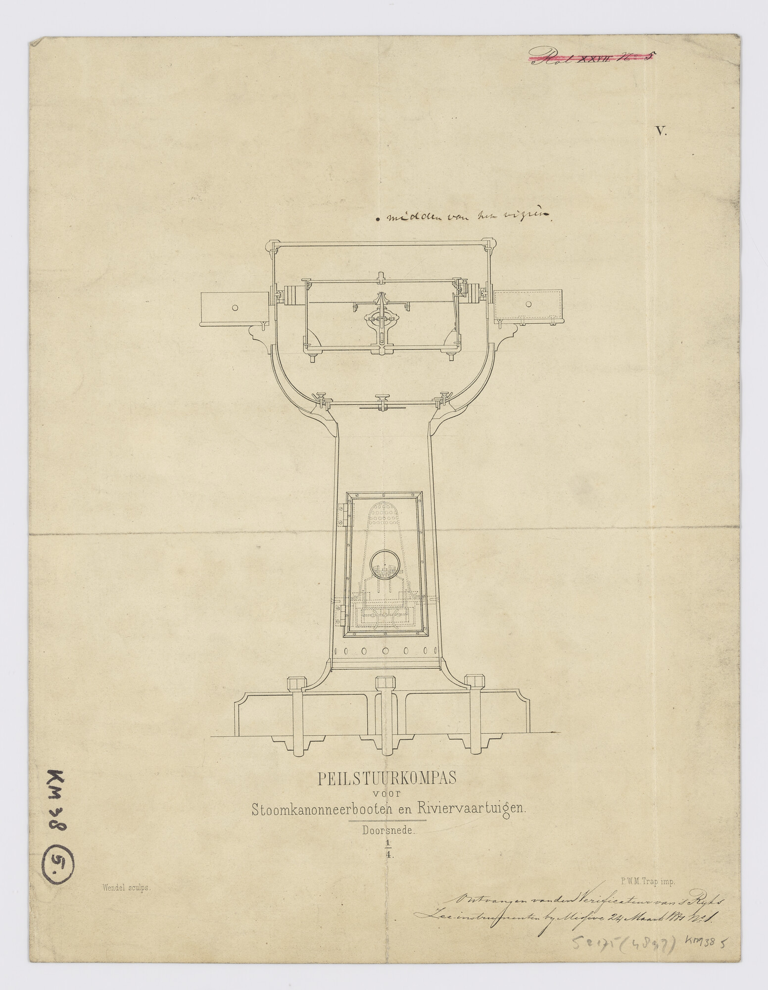 S.2175(4897); Doorsnede van een peilstuurkompas voor stoomkanonneerboten en riviervaartuigen; technische tekening