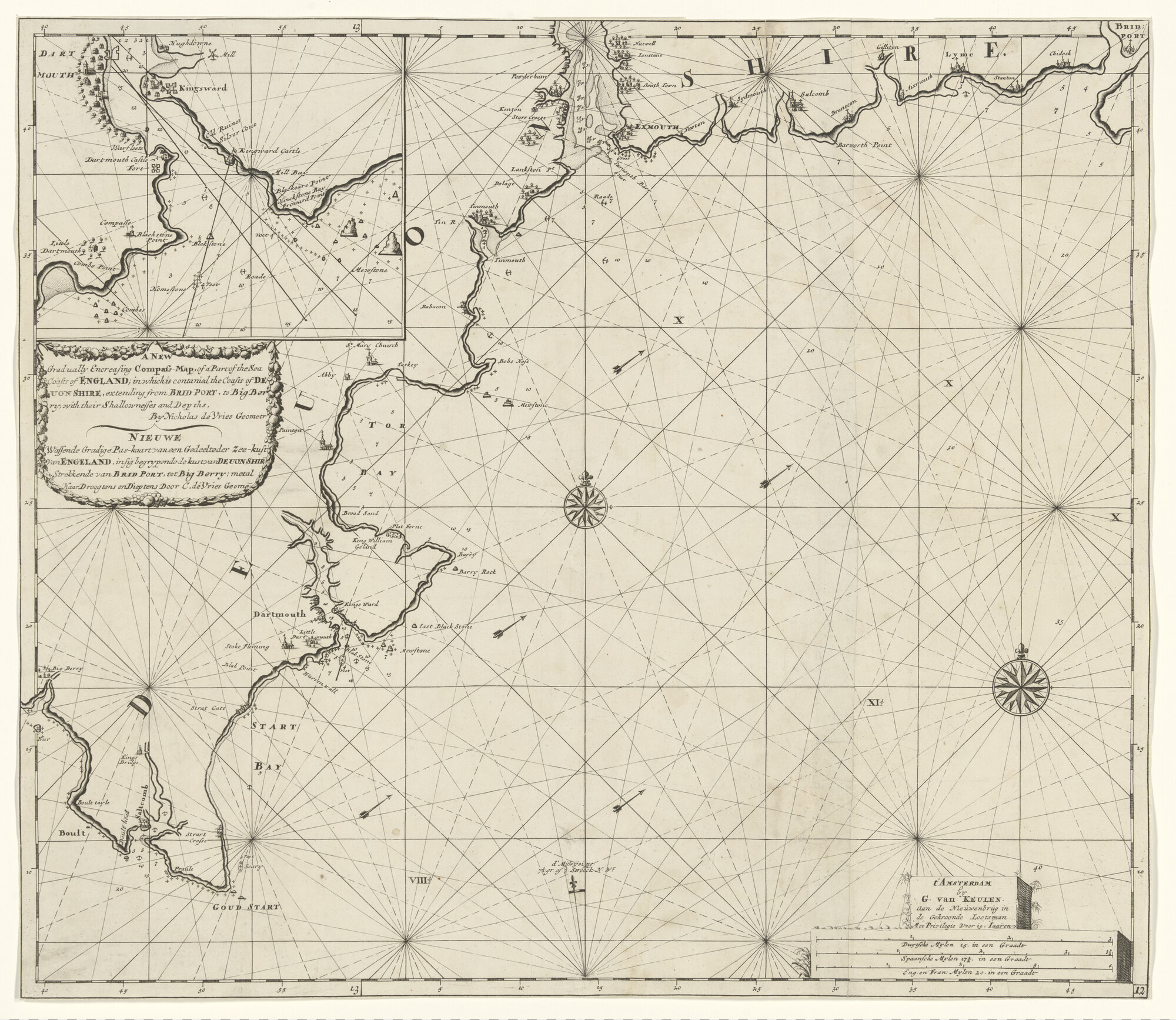 S.1072(02)28; Zeekaart van Het Kanaal met een deel van de Engelse kust, en detailkaart van Dartmouth door Claes de Vries; zeekaart