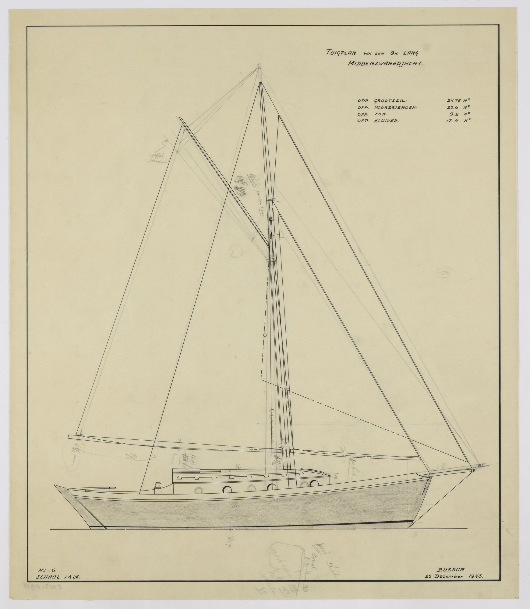 2013.0938; Tuigplan van het houten gaffelgetuigd middenzwaardjacht De Tijd Zal 't Leren van 9 meter; technische tekening
