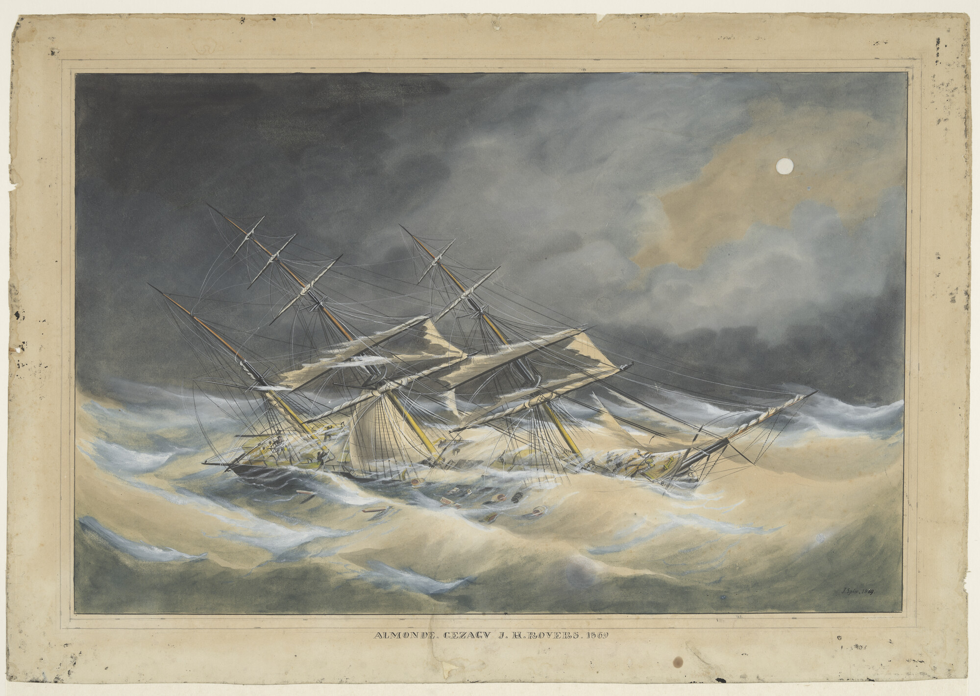 A.0037(09); Het barkschip Almonde in vliegend weer; tekening