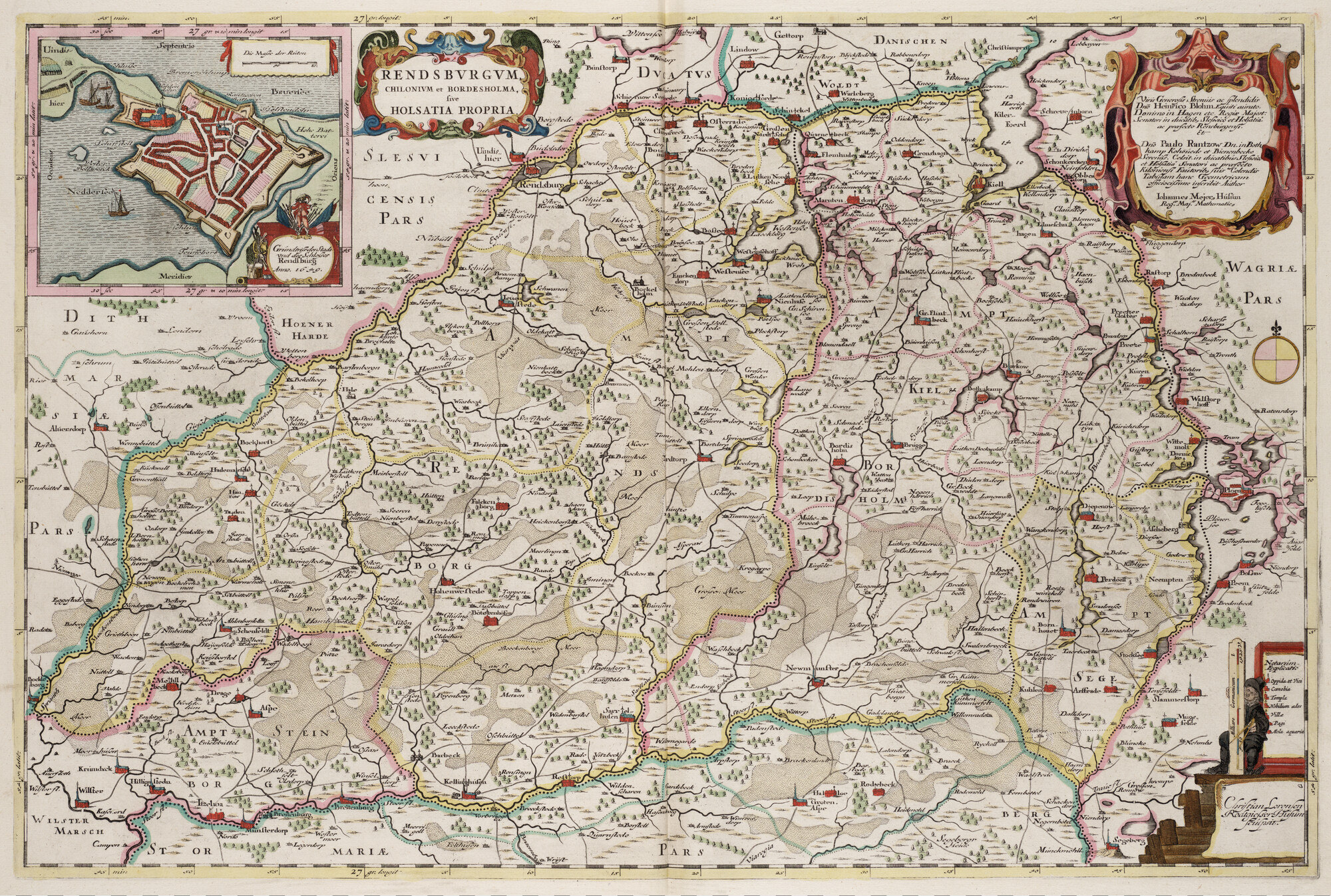 S.1034(02) [kaart 018]; Kaart van Rendsburg, Kiel en Bordesholm, met als inzetkaart een plattegrond van Rendsburg anno 1649; landkaart