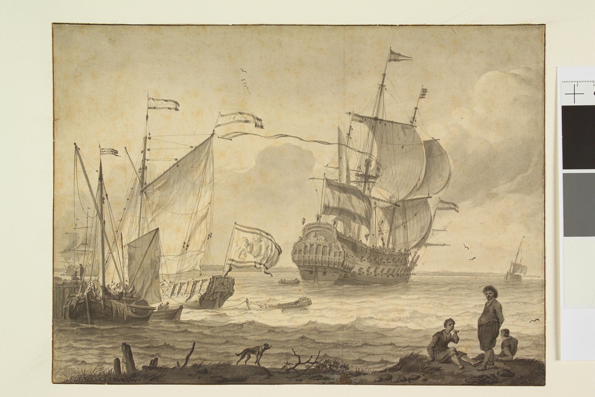 A.0236; Een driemastschip en een paviljoenjacht van de Admiraliteit van Amsterdam afgemeerd aan een havenhoofd; tekening