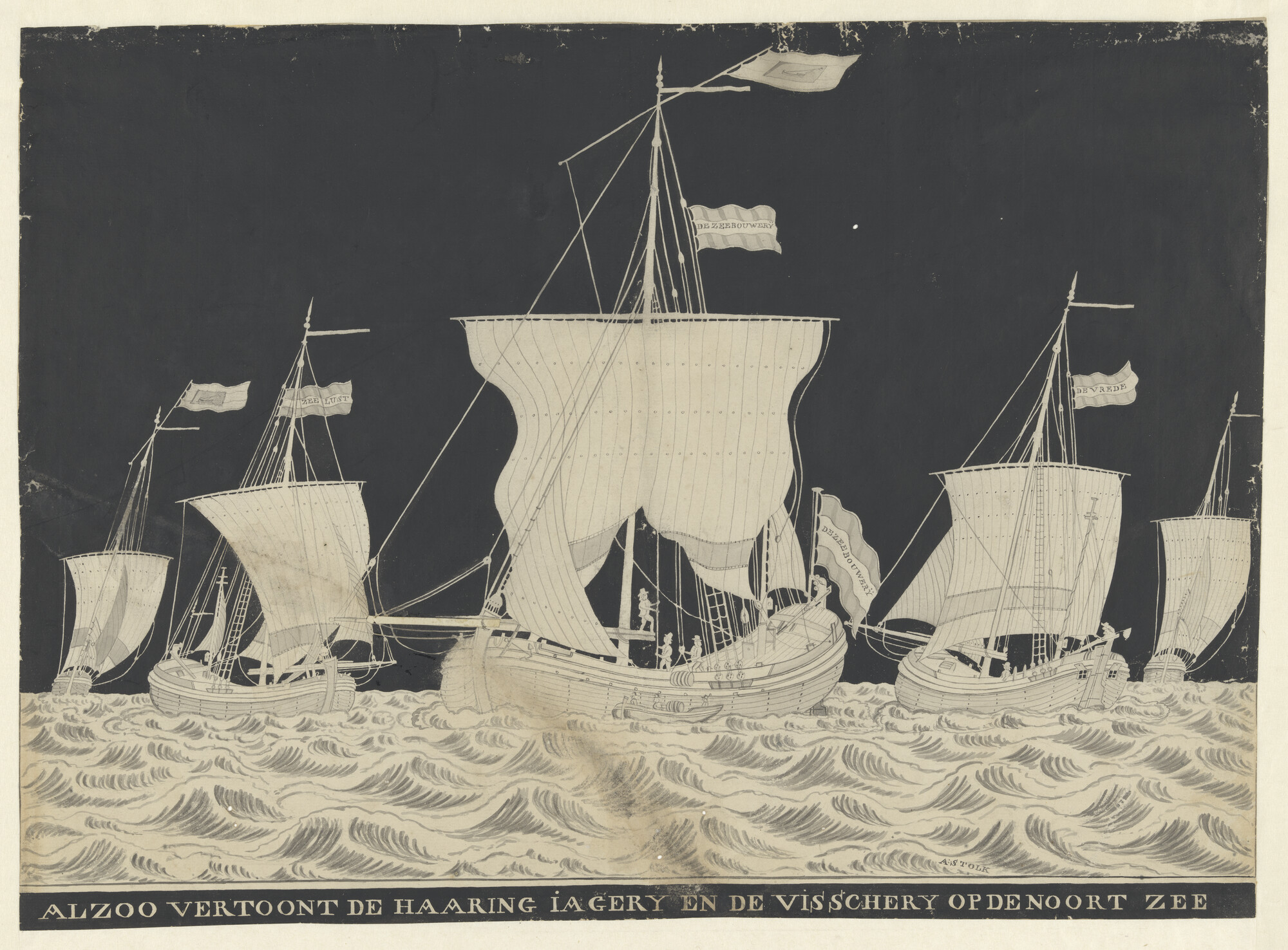 A.0419(01)a; Alzoo vertoont de haaring jagery en de visschery op de noortzee; tekening