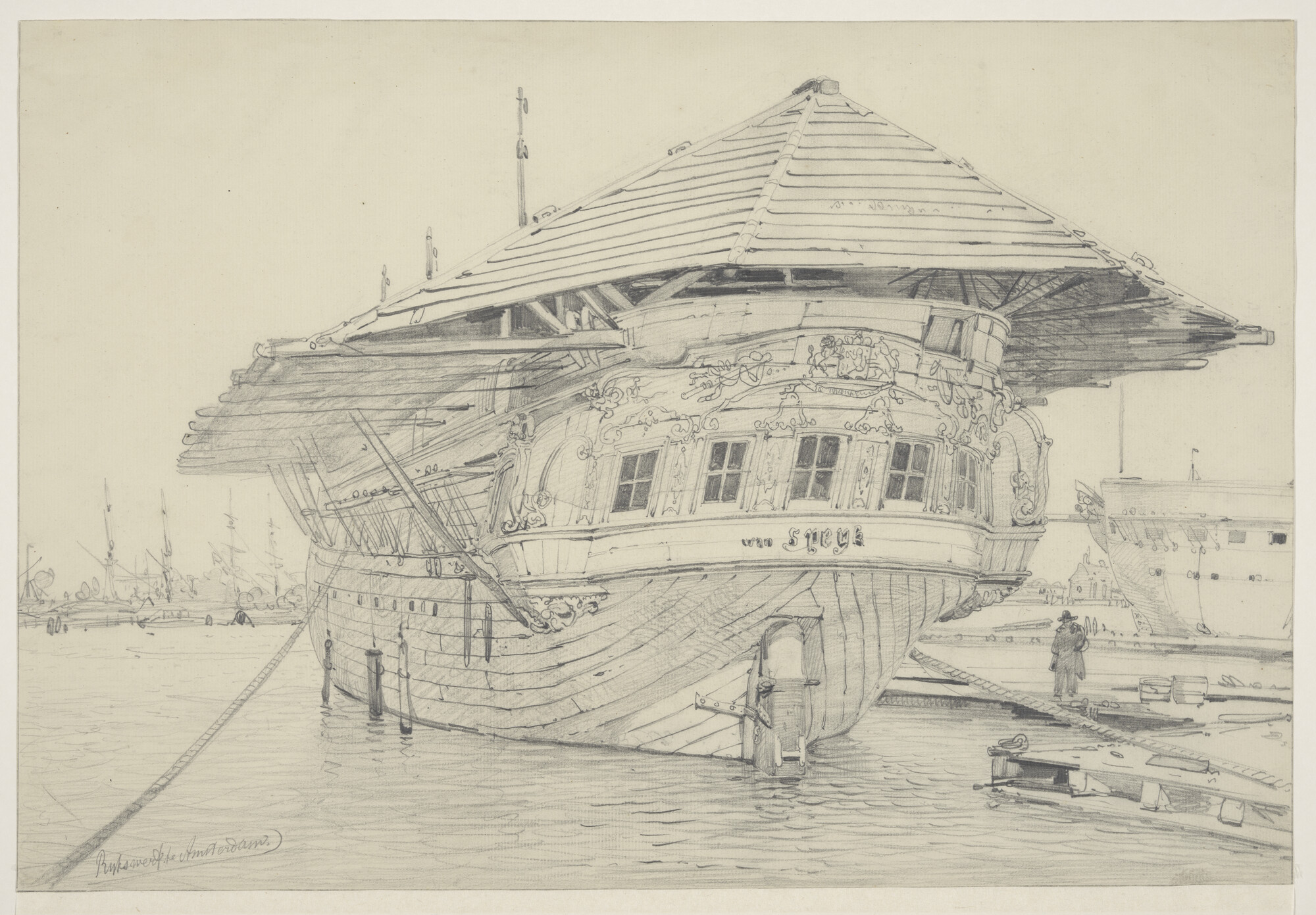 A.0863(33); Het logementsschip 'Van Speyk' afgemeerd aan de Rijkswerf te Amsterdam; tekening
