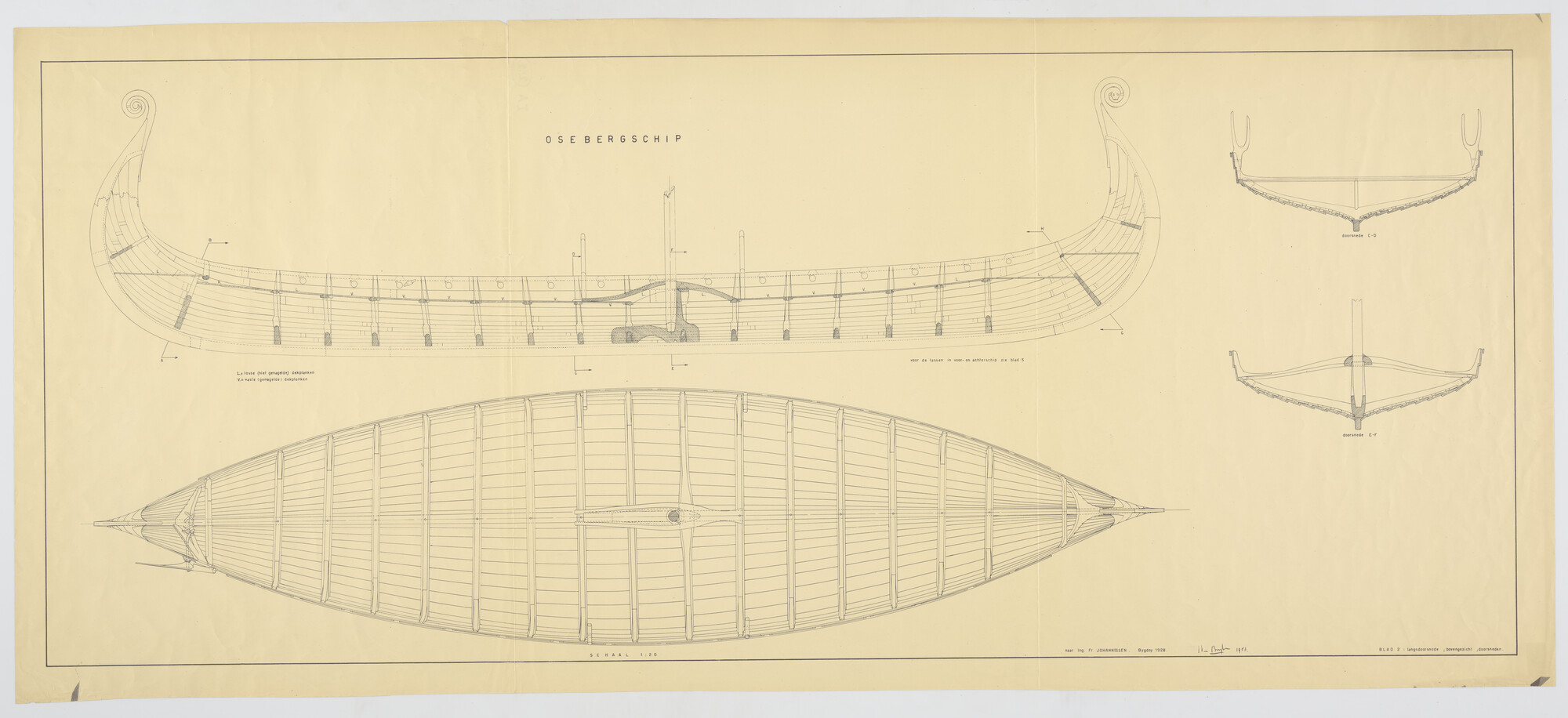 A.3154(03); Reconstructietekening van het 'Osebergschip'; technische tekening