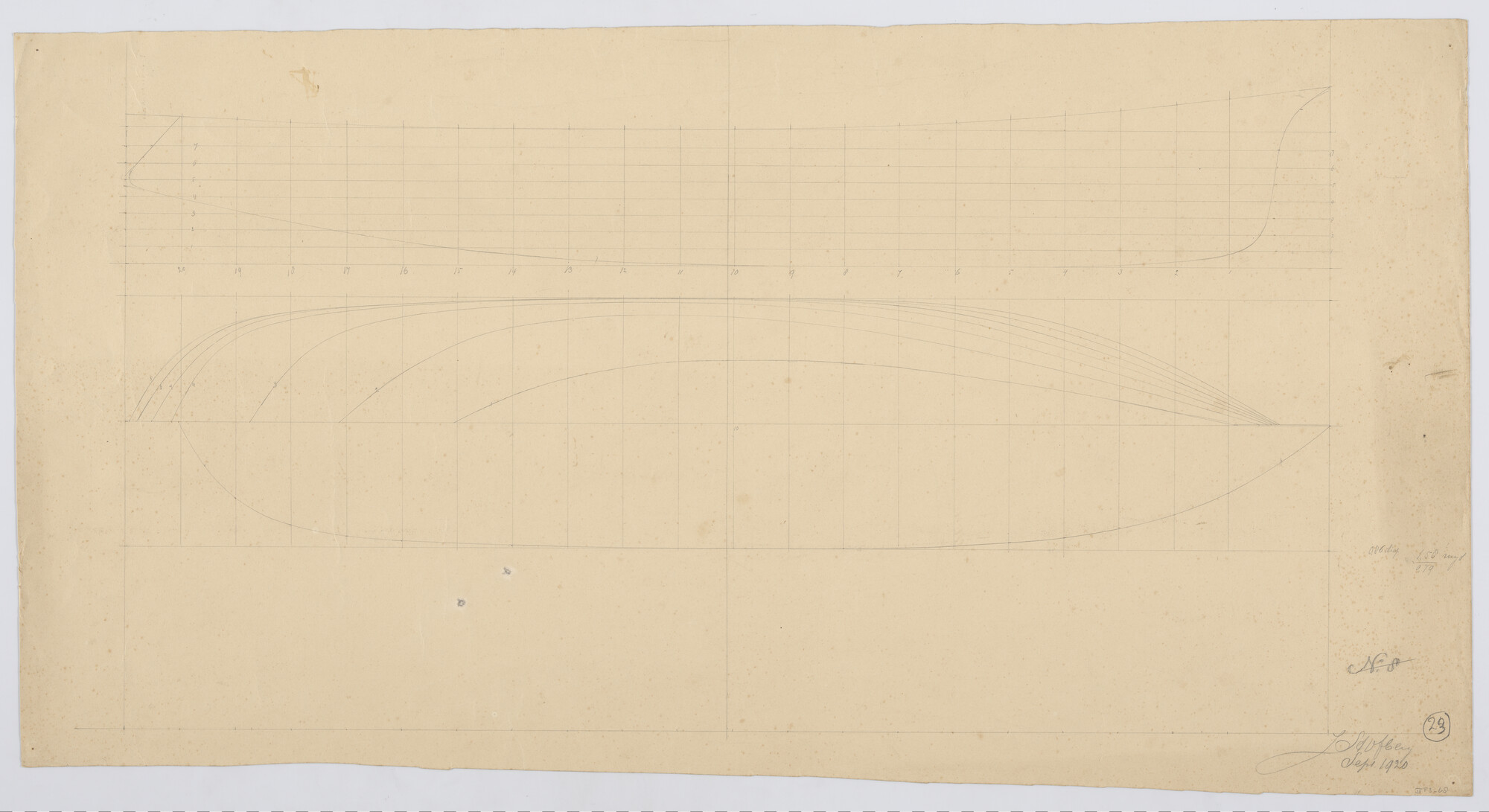 S.1225(03)27; Lijnenplan van een motorjacht met klippersteven, sept; technische tekening