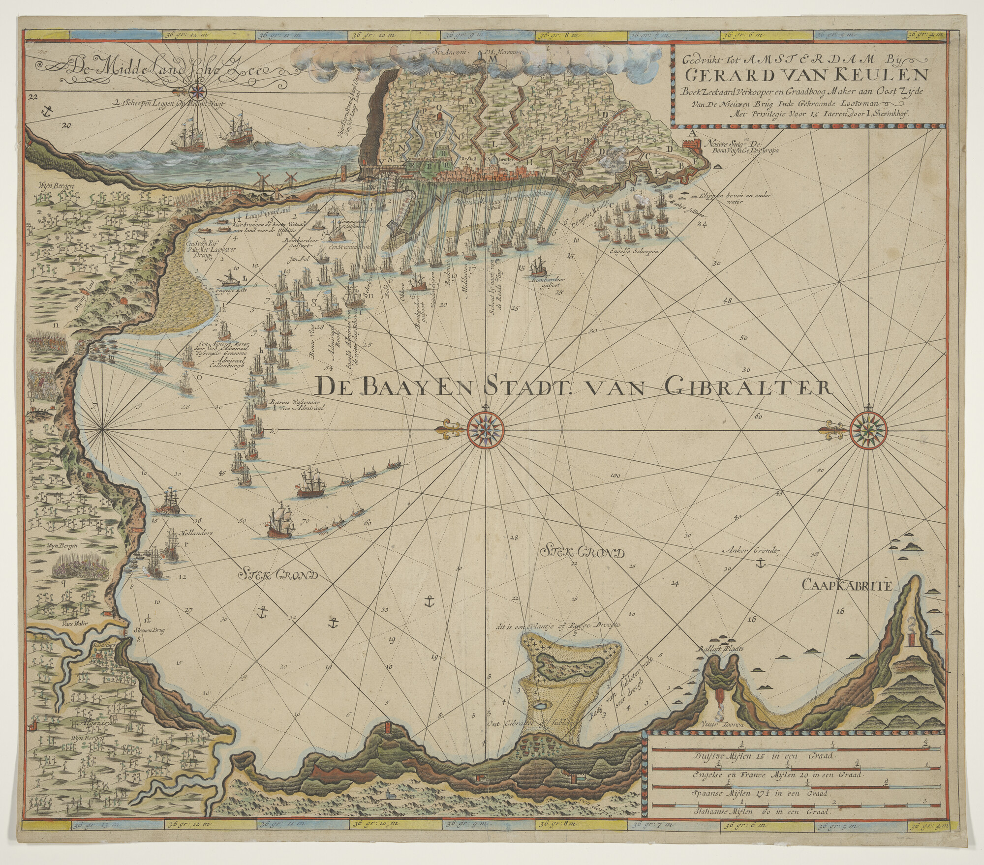 A.5353; Met de hand gekleurde kaart van de baai en stad Gibraltar; zeekaart