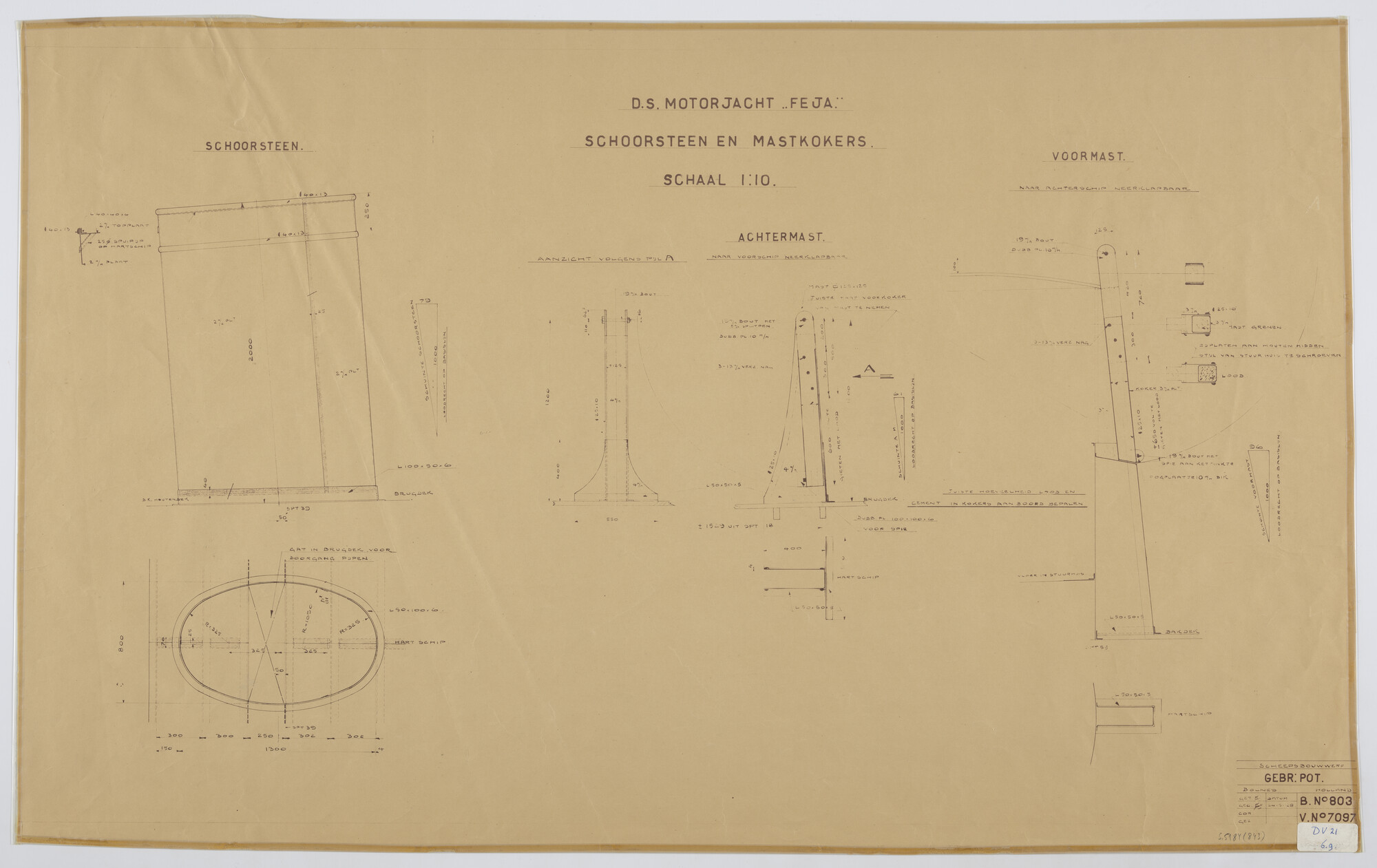 S.5184(843); Schoorsteen en mastkoker van het motorjacht 'Feja'; technische tekening