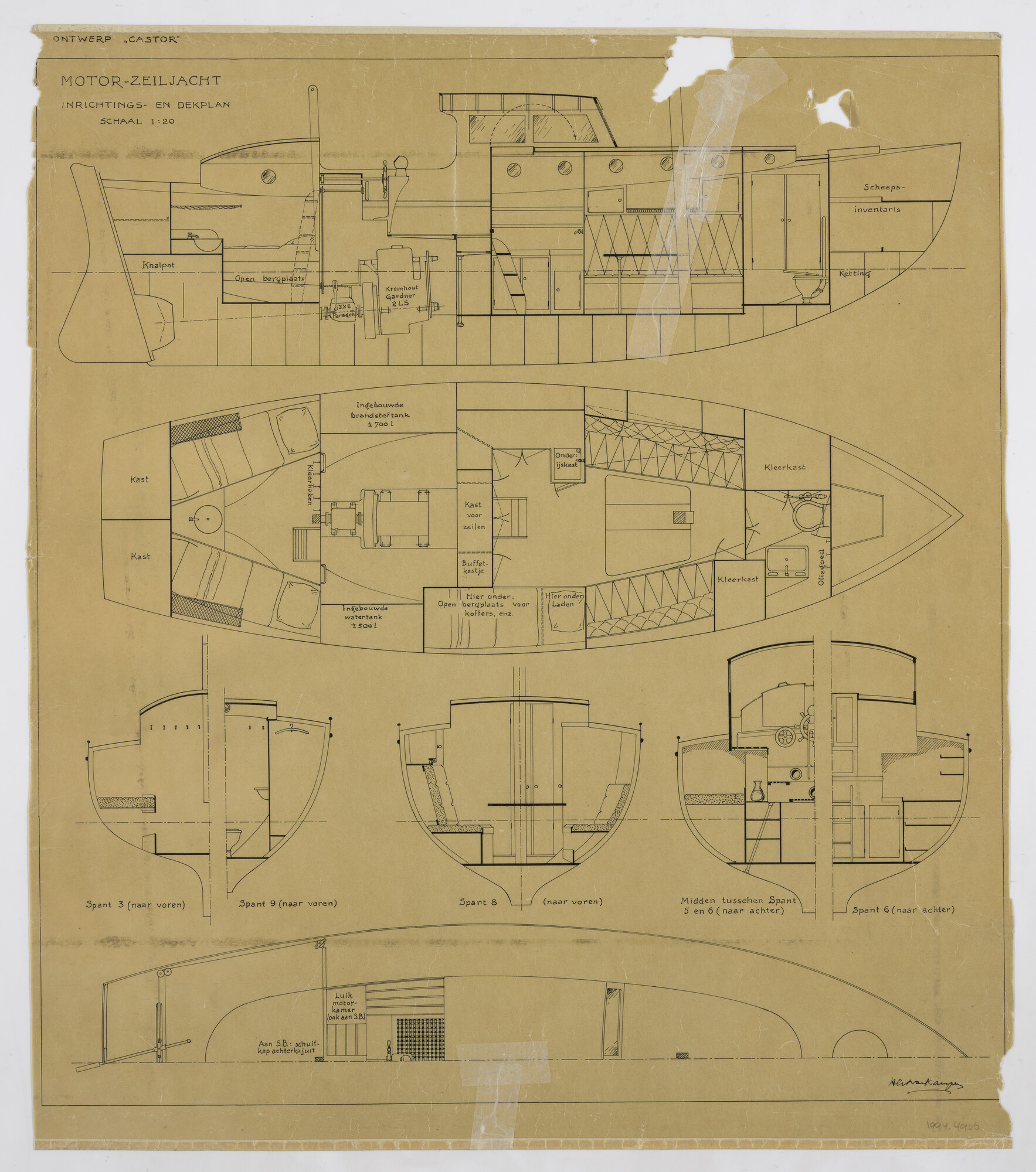 1994.4906; Inrichtings- en dekplan motor-zeiljacht Castor; technische tekening