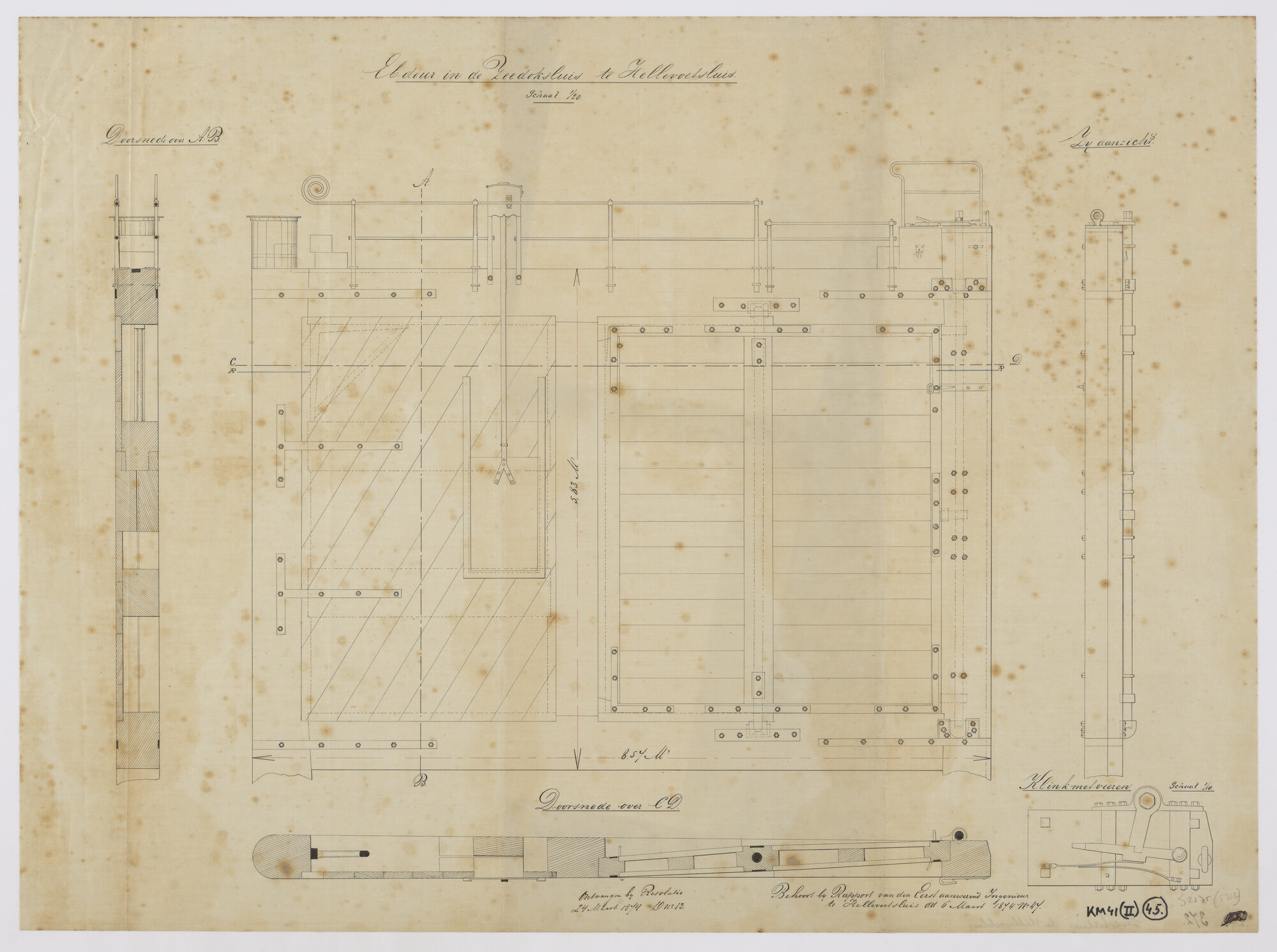 S.2175(5312); Doorsneden en aanzichten van de ebdeur in de Marine Zeedoksluis te Hellevoetsluis; technische tekening