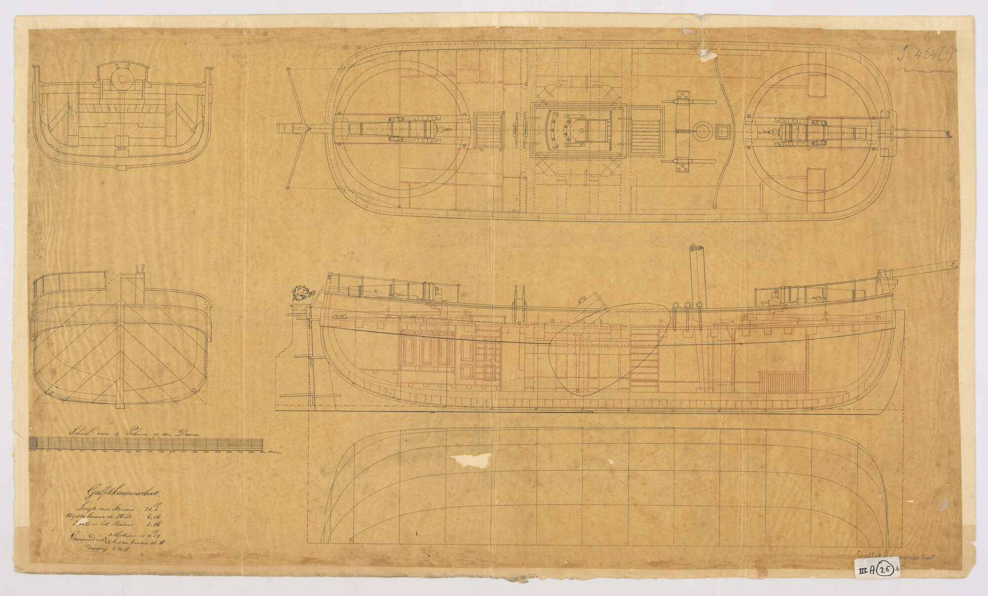 S.0424(01)06; Lijnenplan van een groot model gaffelkanonneerboot; technische tekening