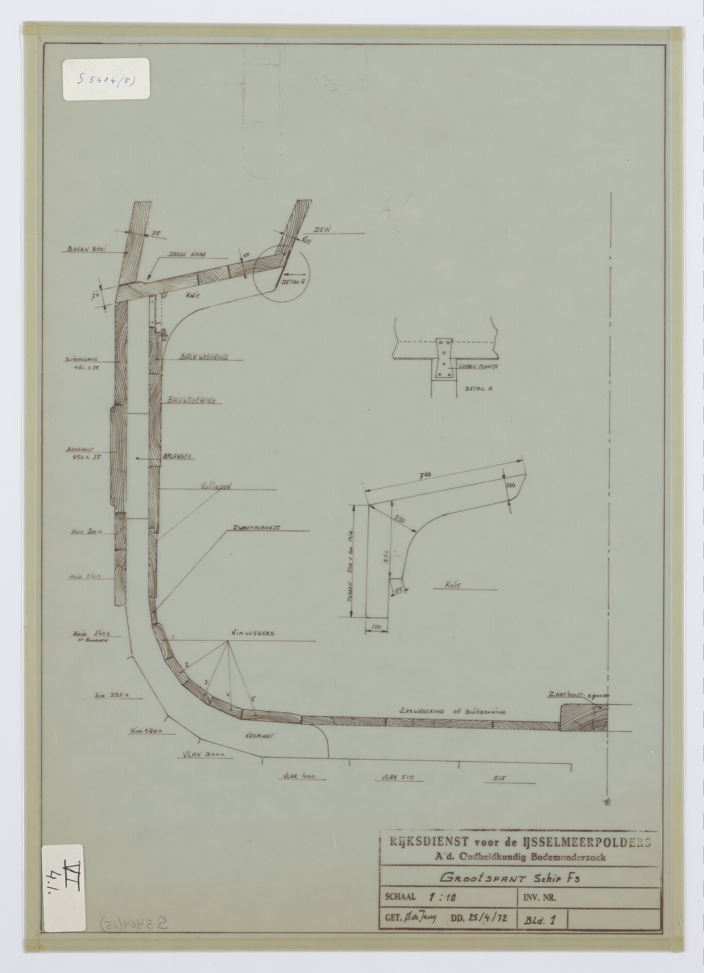 S.5404(05); Het grootspant van de Groninger tjalk, gevonden op kavel F3 in Oostflevoland [...]; technische tekening