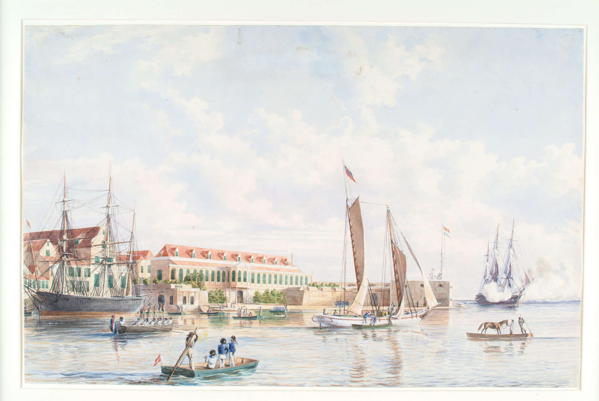 A.1732(01); De haven van Curaçao met het Gouvernementshuis en het waterfort; tekening