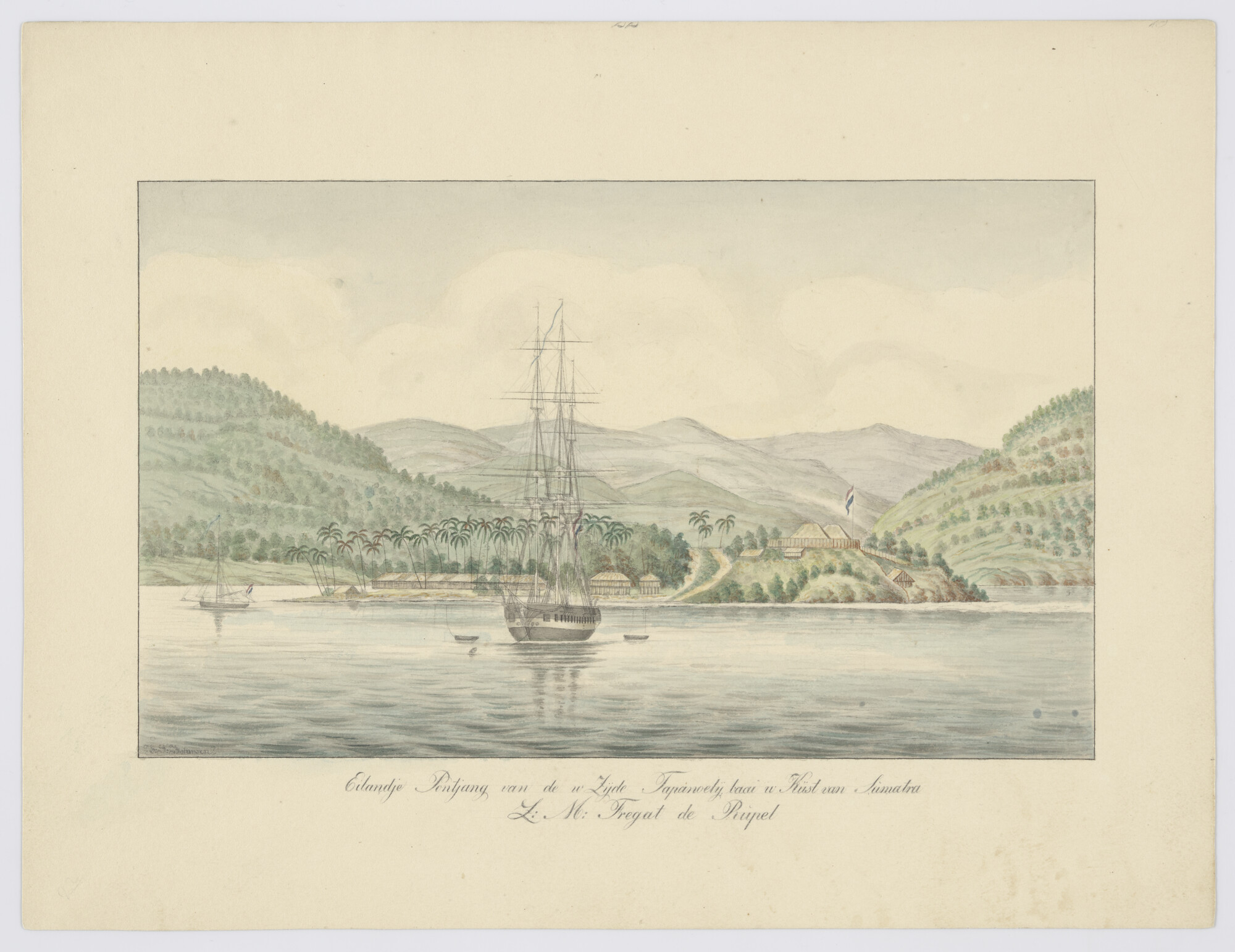 A.3540(02)22; Het fregat Zr.Ms. 'Rupel' bij het eilandje Pontjang in de Tapanoelijbaai aan; tekening