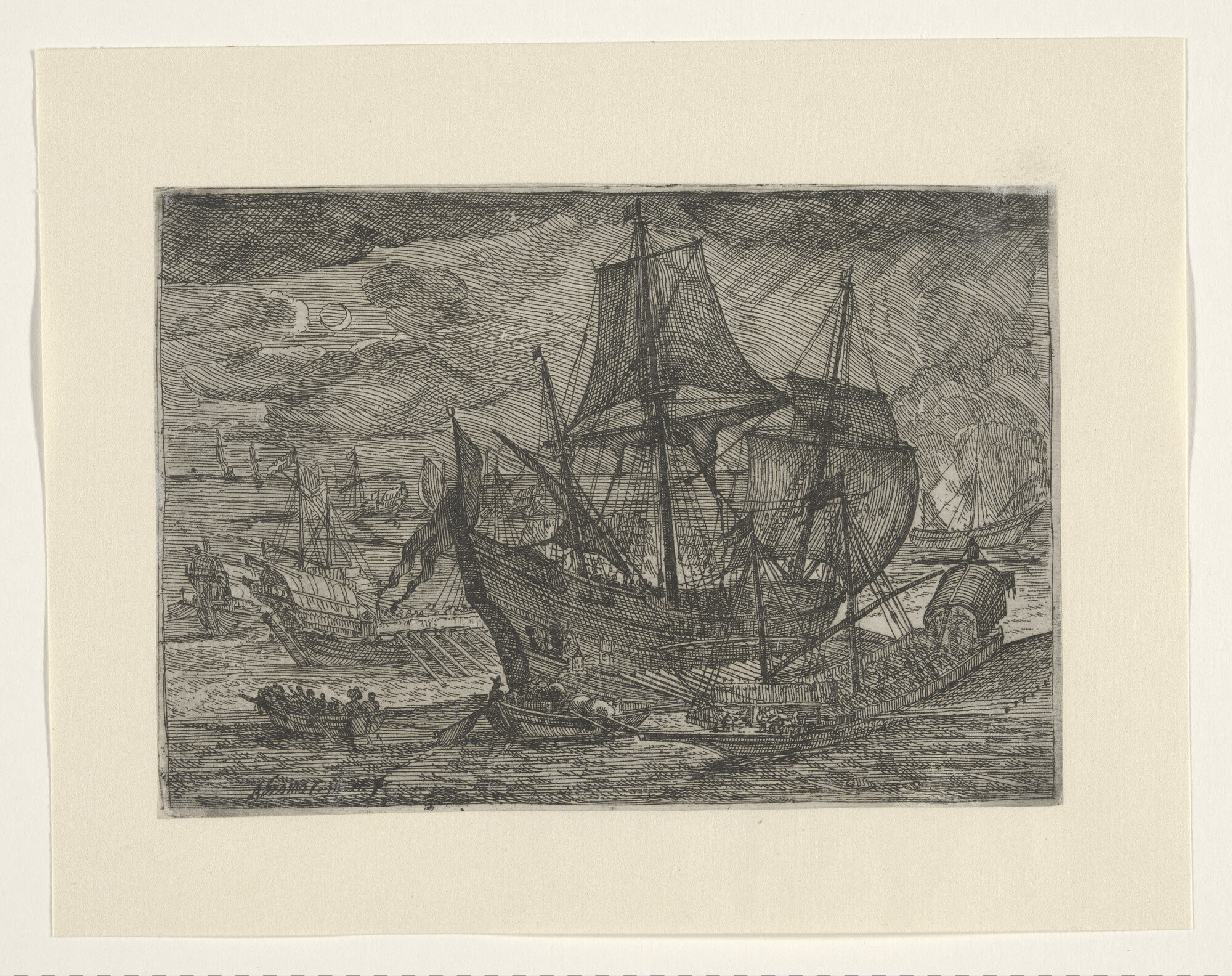 A.1287(02)5; Serie havengezichten van Messina: Een driemastschip temidden van galeien bij; prent