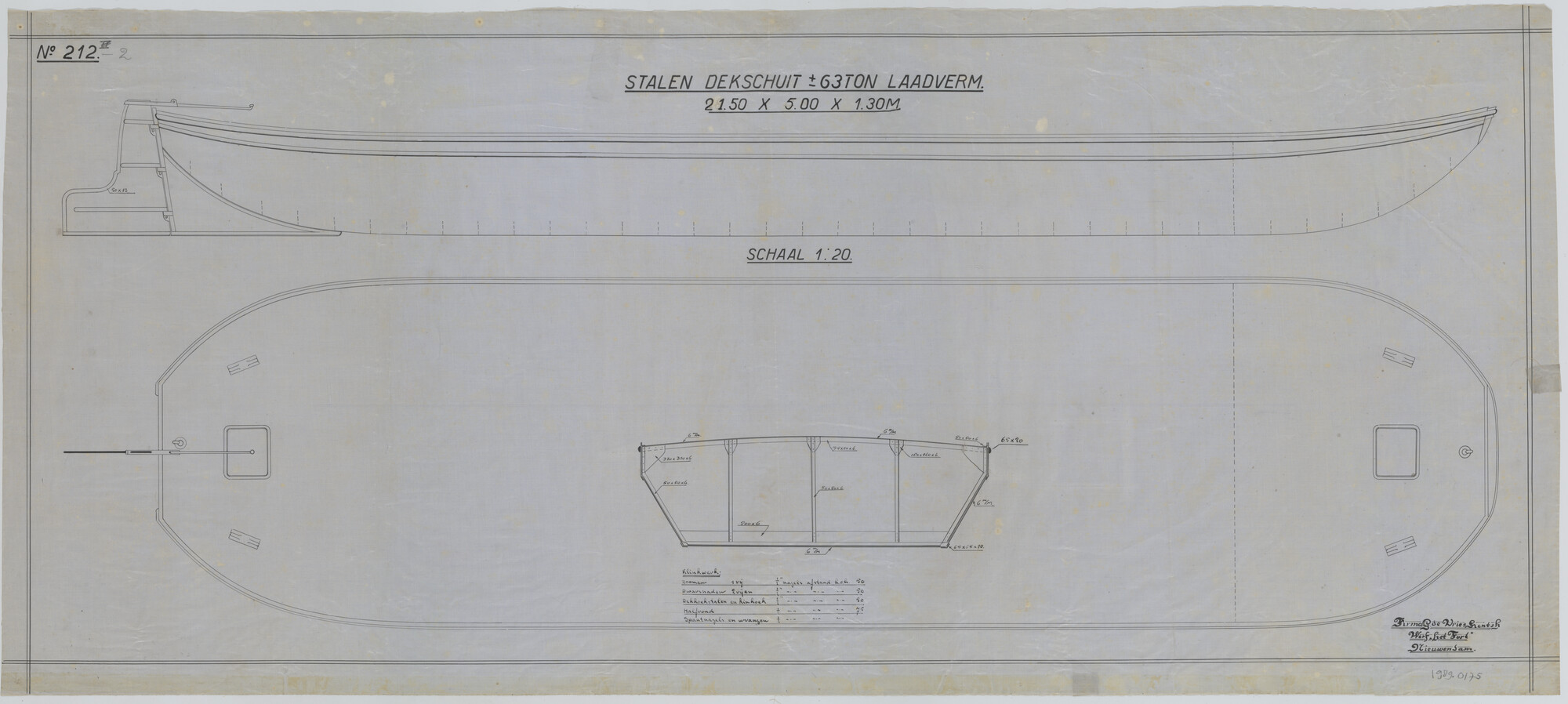 1989.0175; Stalen dekschuit van circa 63 ton laadvermogen; technische tekening