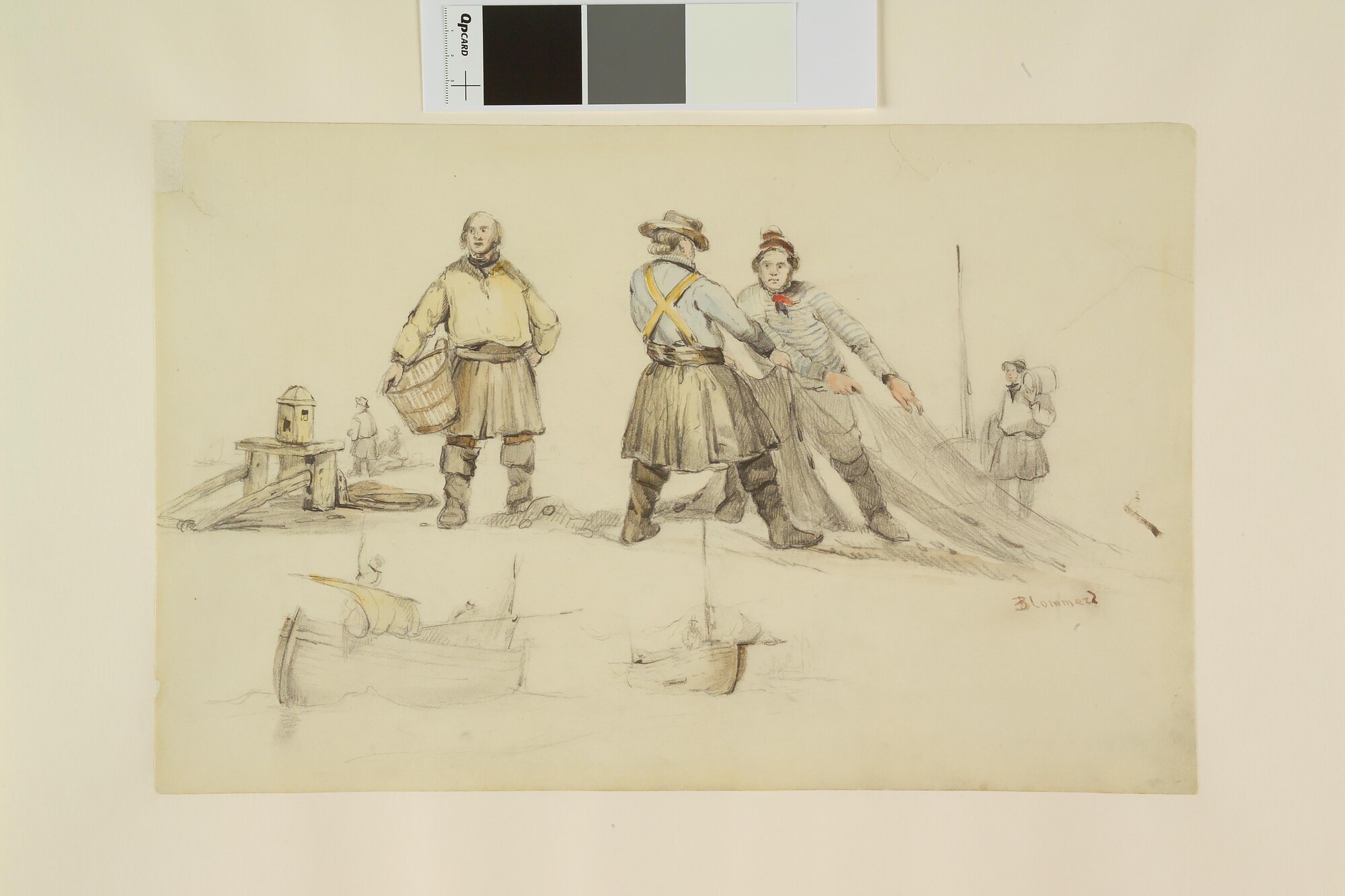 A.4457; Vissers op het strand: twee schetsen van een visserschuit; tekening