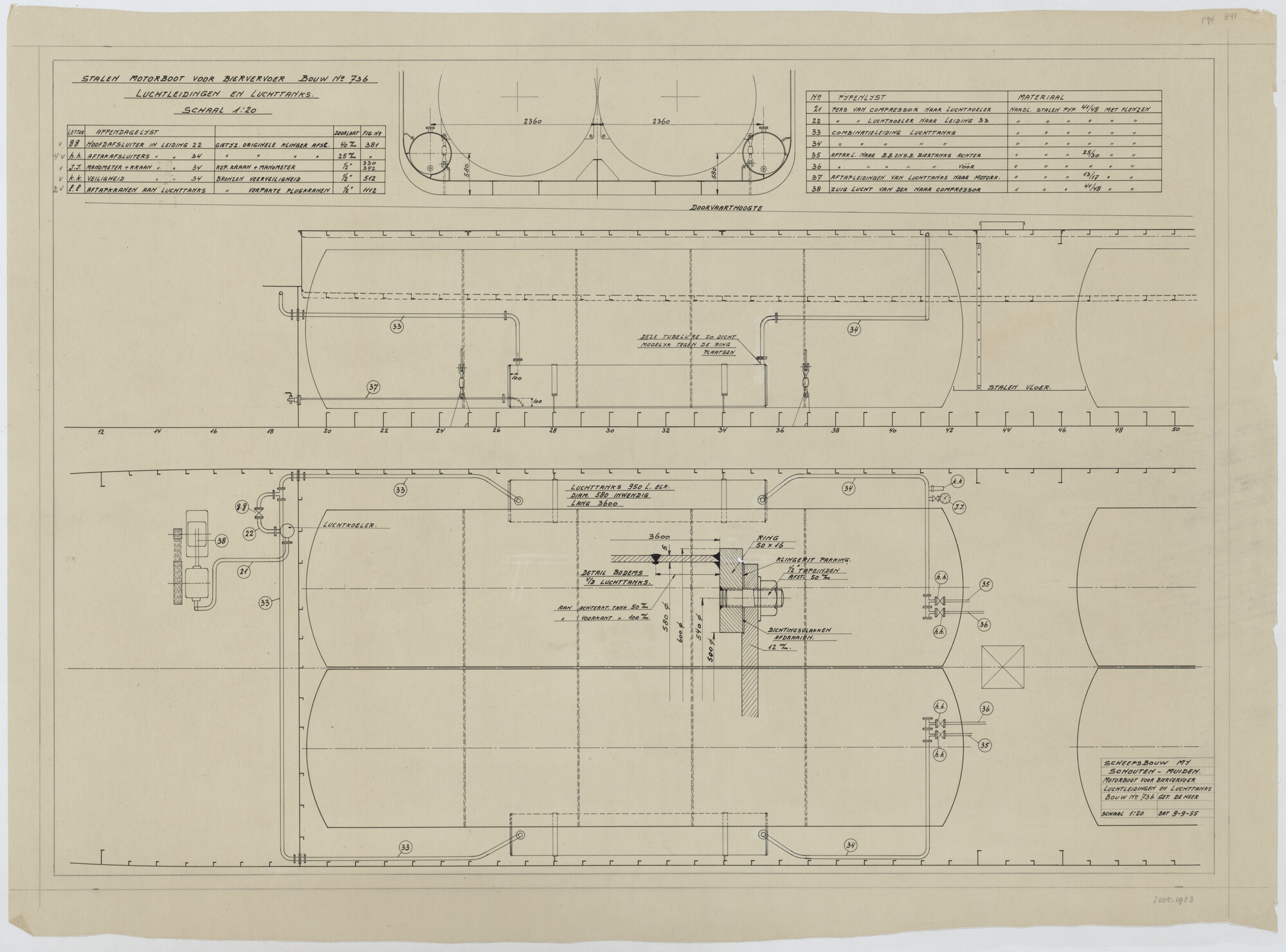 2005.1923; Luchtleidingen en -tanks van het biertankschip "Gerritje"; technische tekening