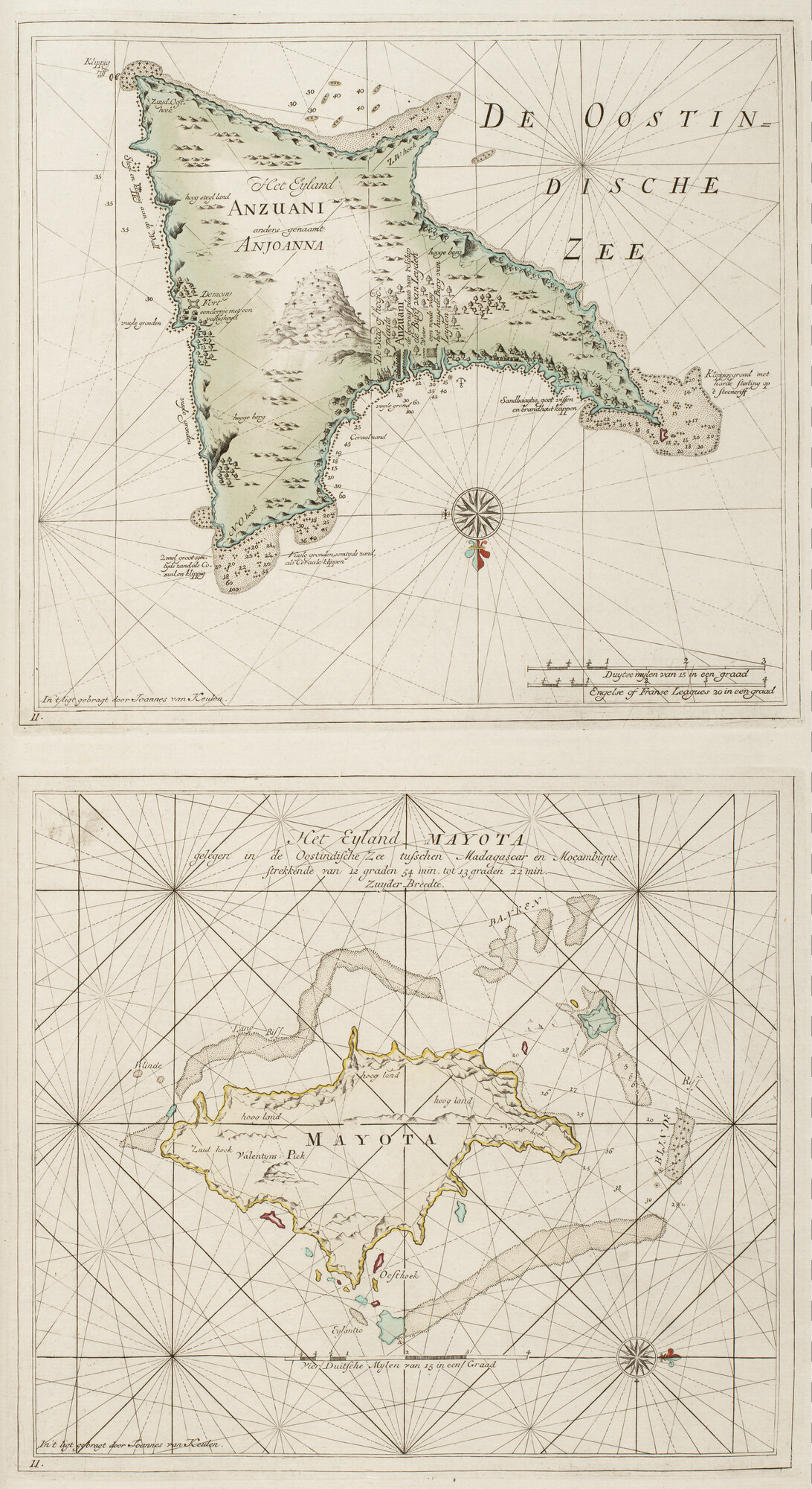 B.0032(109)6 [kaart 028]; Zeekaarten van de eilanden Anjouan en Mayotte in de Comoren tussen Madagascar; zeekaart
