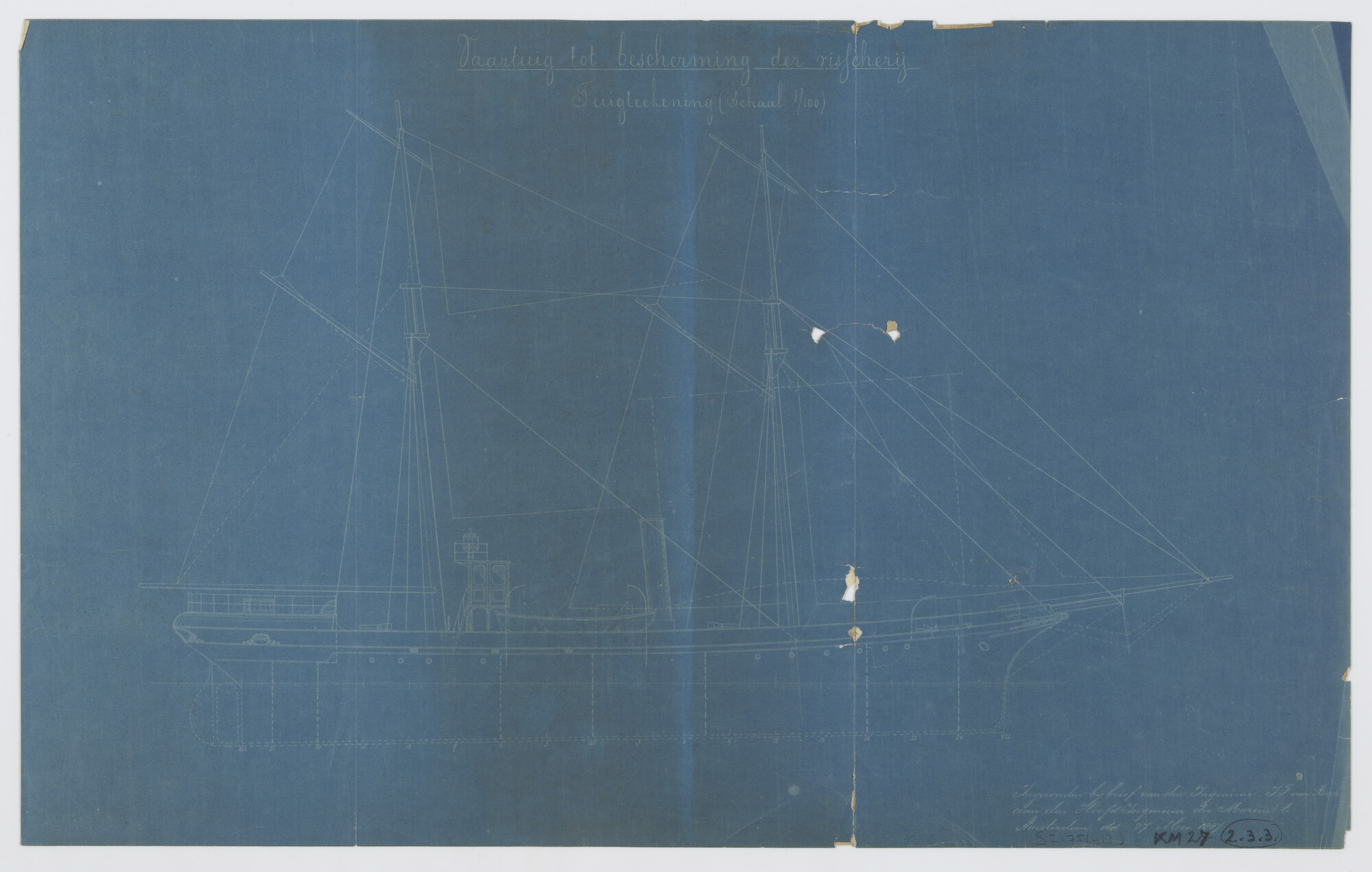 S.2175(4171); Tuigtekening (zeilplan) van Zr.Ms. 'Dolfijn'; technische tekening