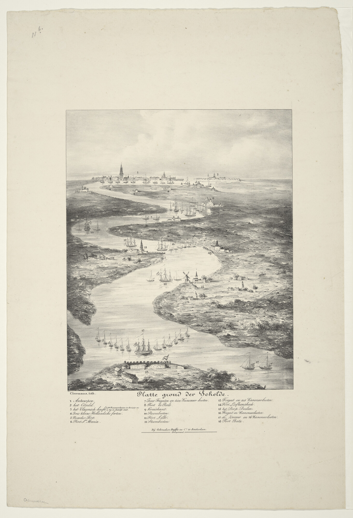 B.0209(17)08b; Plattegrond van de Schelde van de positie van de schepen, in 1830; prent
