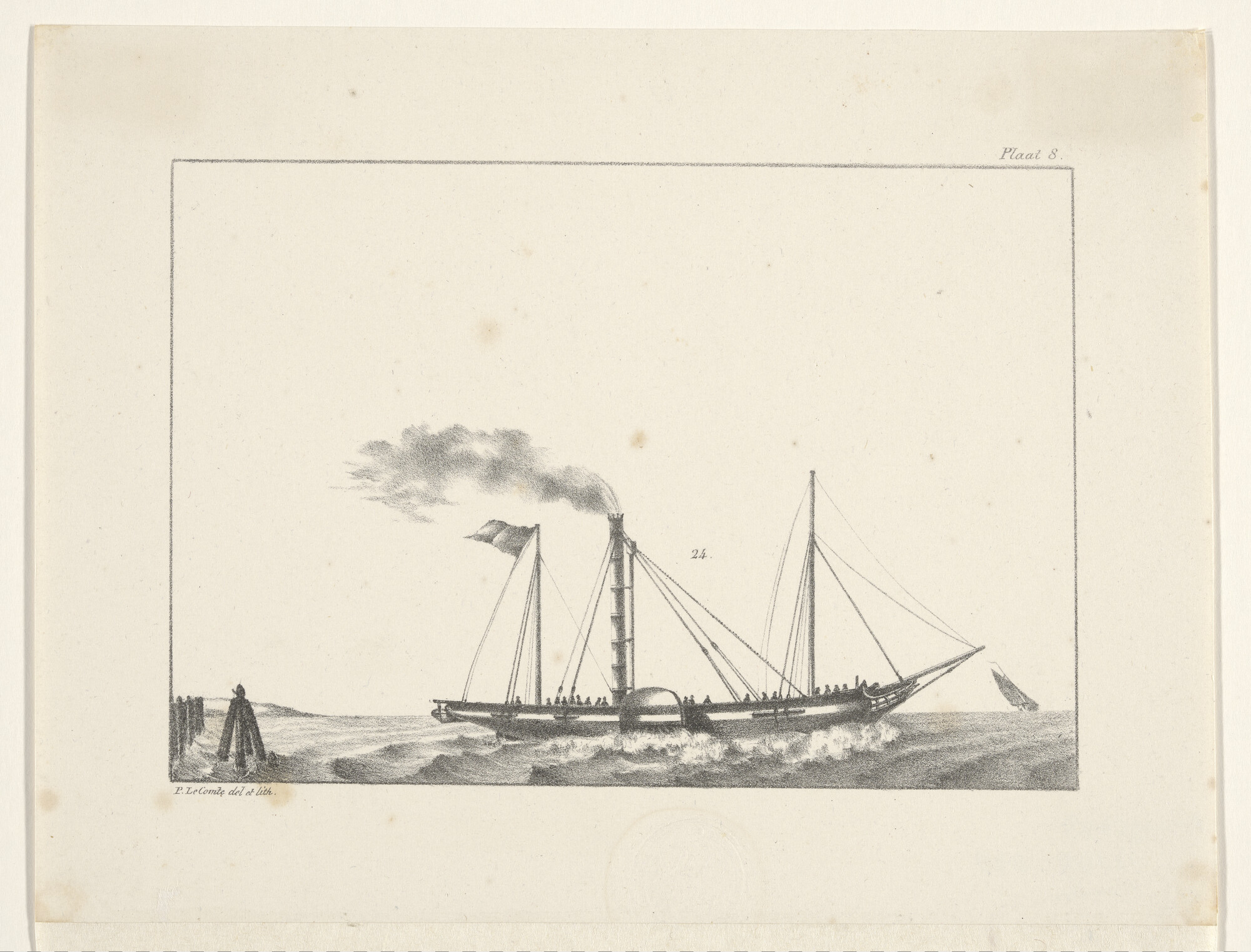 A.0149(0610); Een raderstoomboot in de wind opstomende; prent