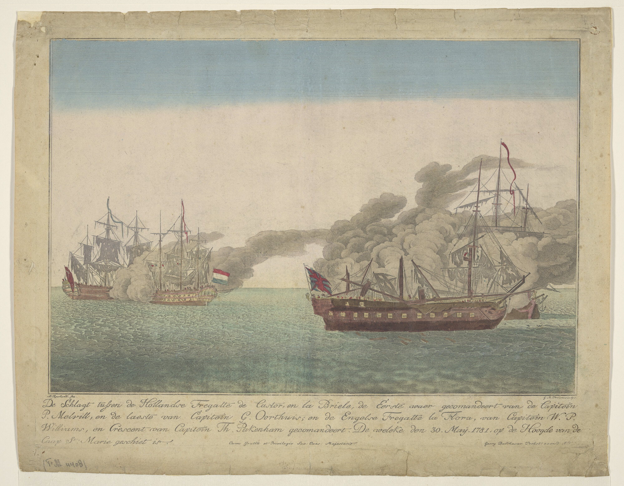 1995.1151; Gevecht bij Cadiz tussen de Hollandse fregatten 'Castor' en 'Den Briel' met de Engelse fregatten 'Crescent' en 'Flora' [...]; prent