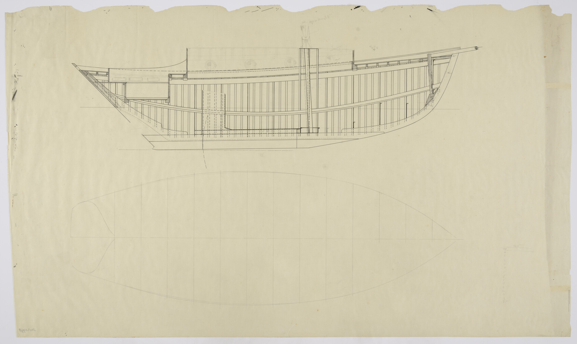 2013.0948; Constructieplan van het houten gaffelgetuigd middenzwaardjacht De Tijd Zal 't Leren van 9 meter; technische tekening