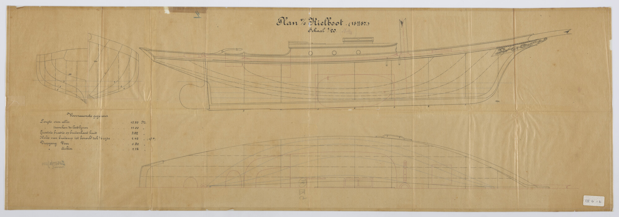 S.0687(02)034; Lijnenlan met zeilplan van midzwaardjacht 'Nellie'; technische tekening