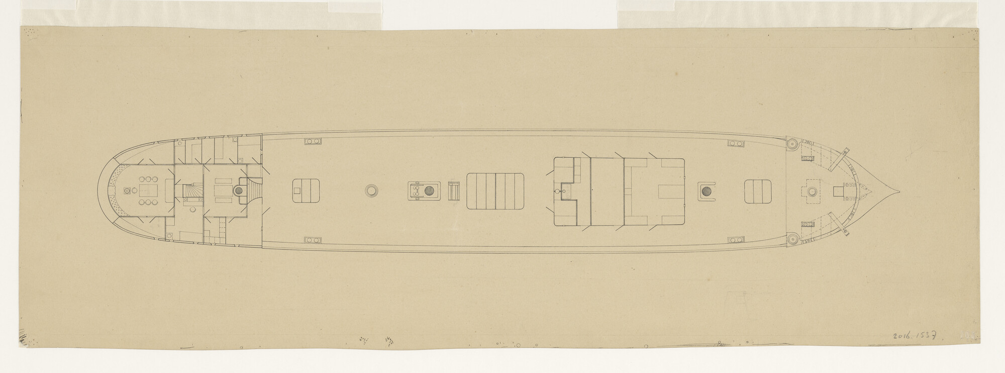 2016.1537; Indeling hoofddek van het barkschip Semper Spera (Houd altijd Hoop) van 61.20 meter.; technische tekening