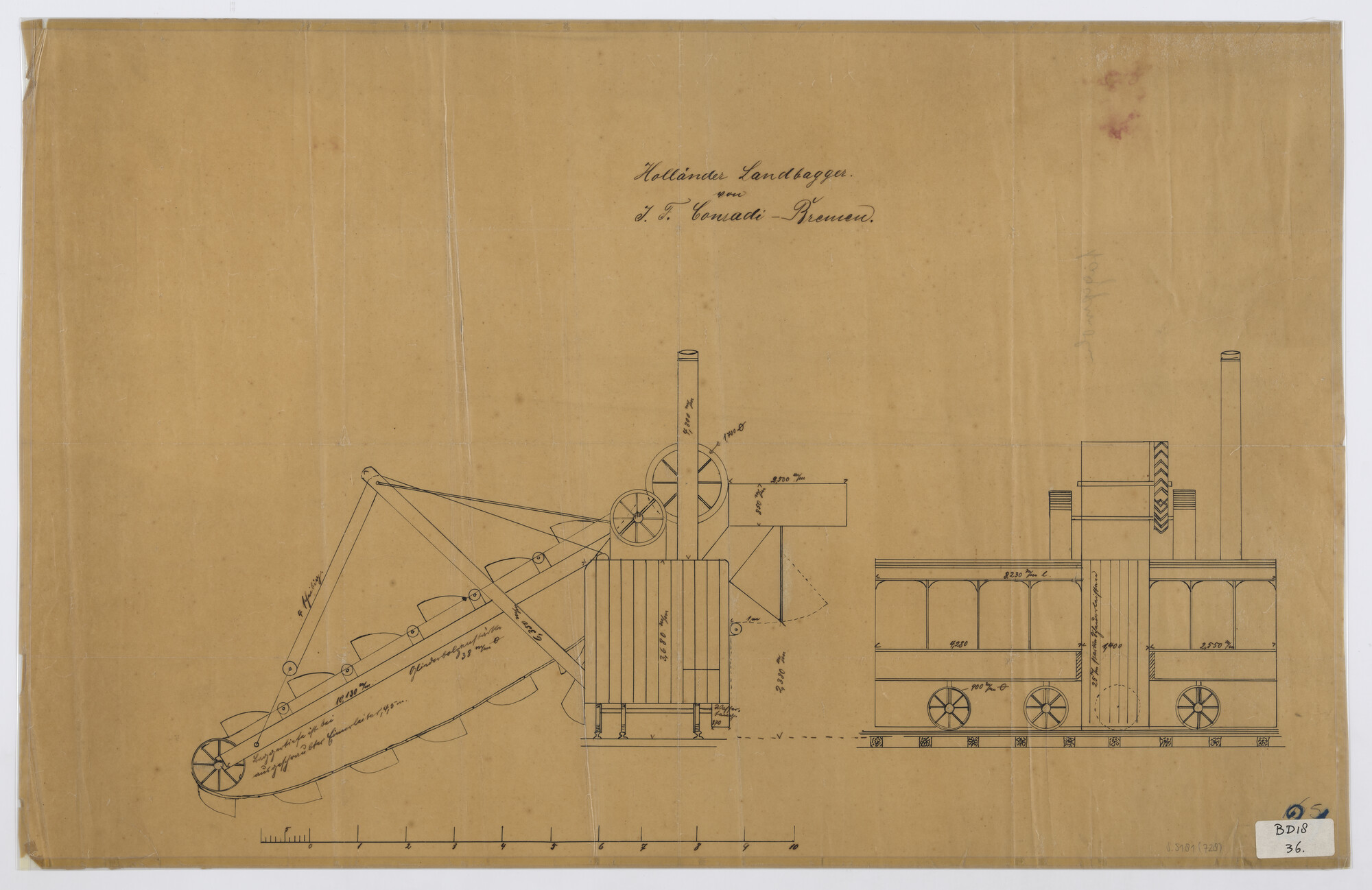 S.5181(728); Plan van een Hollandse stoomlandbaggermolen op rails; technische tekening