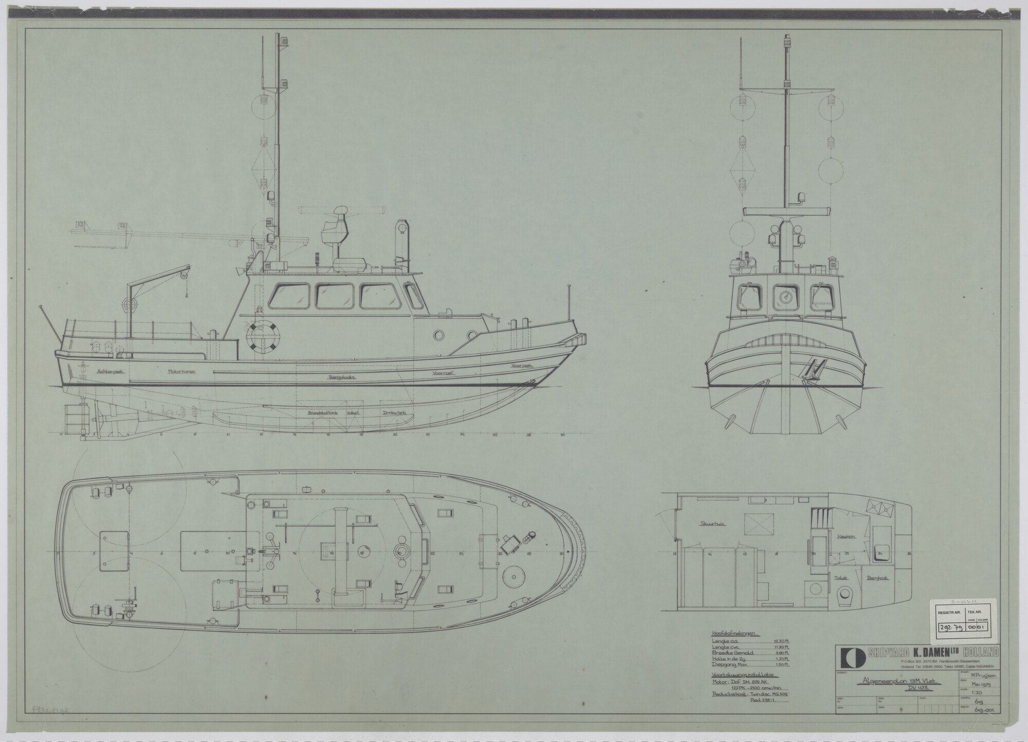 2013.0587; Algemeen plan rayonvaartuig Duvenee van 12.70 meter; technische tekening