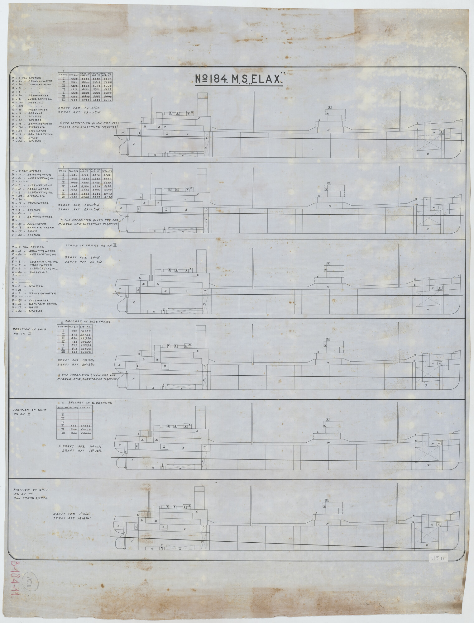 S.5444(115.11); Capaciteitsplan van de Britse tankers ms. Phobos, Clam en Elax; technische tekening