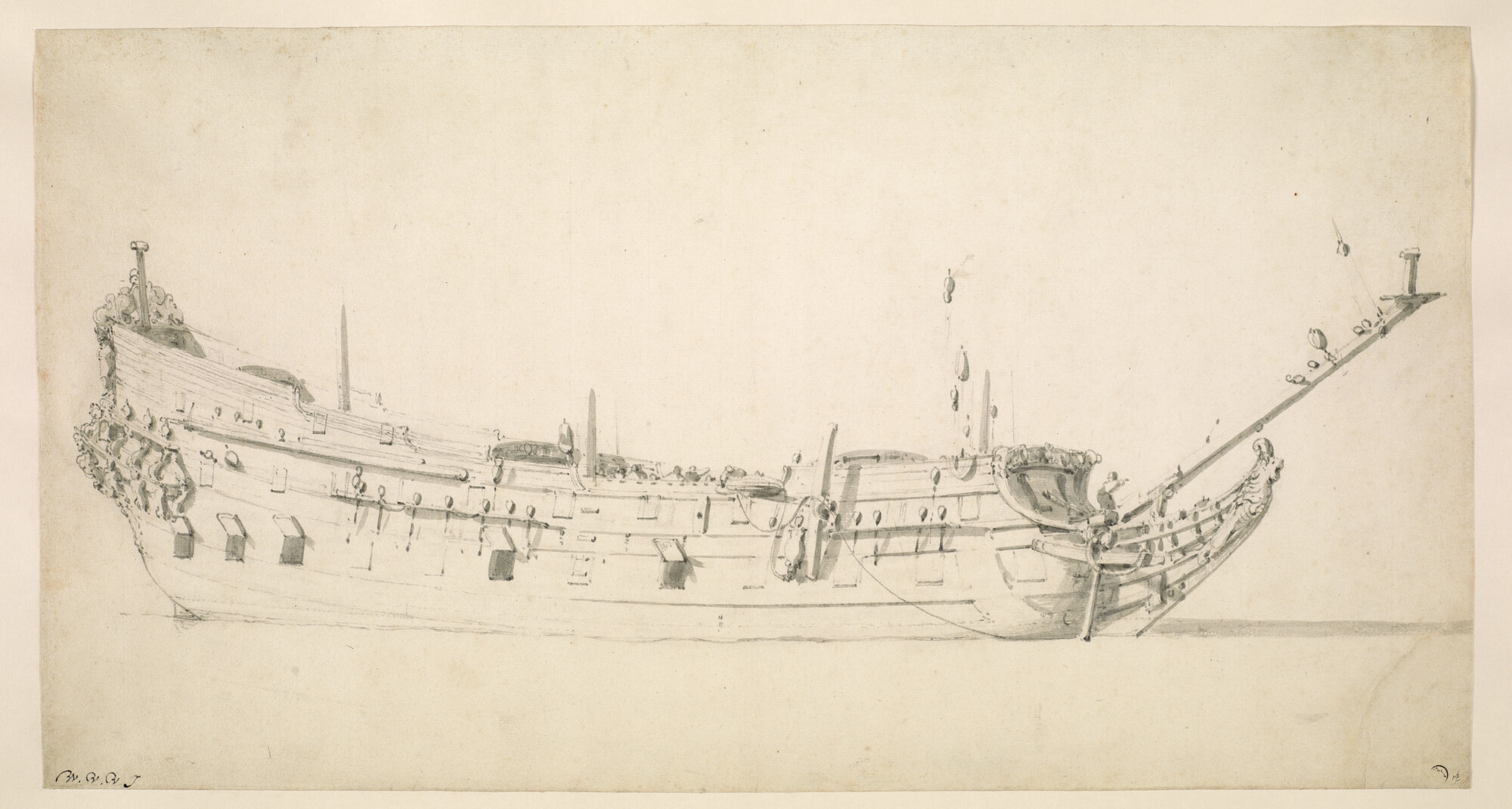 A.0149(0155); Een Nederlands oorlogsschip van ongeveer 52 stukken; tekening