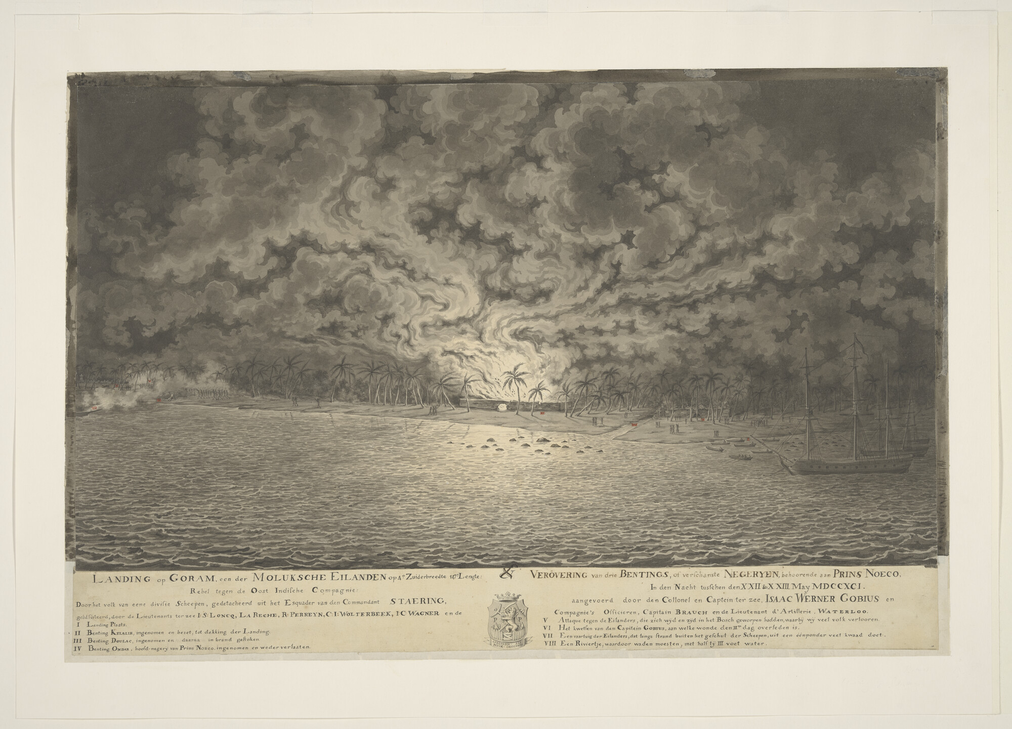S.1277(01)35; De verovering van de drie Bentings op het eiland Goram, 1791; tekening