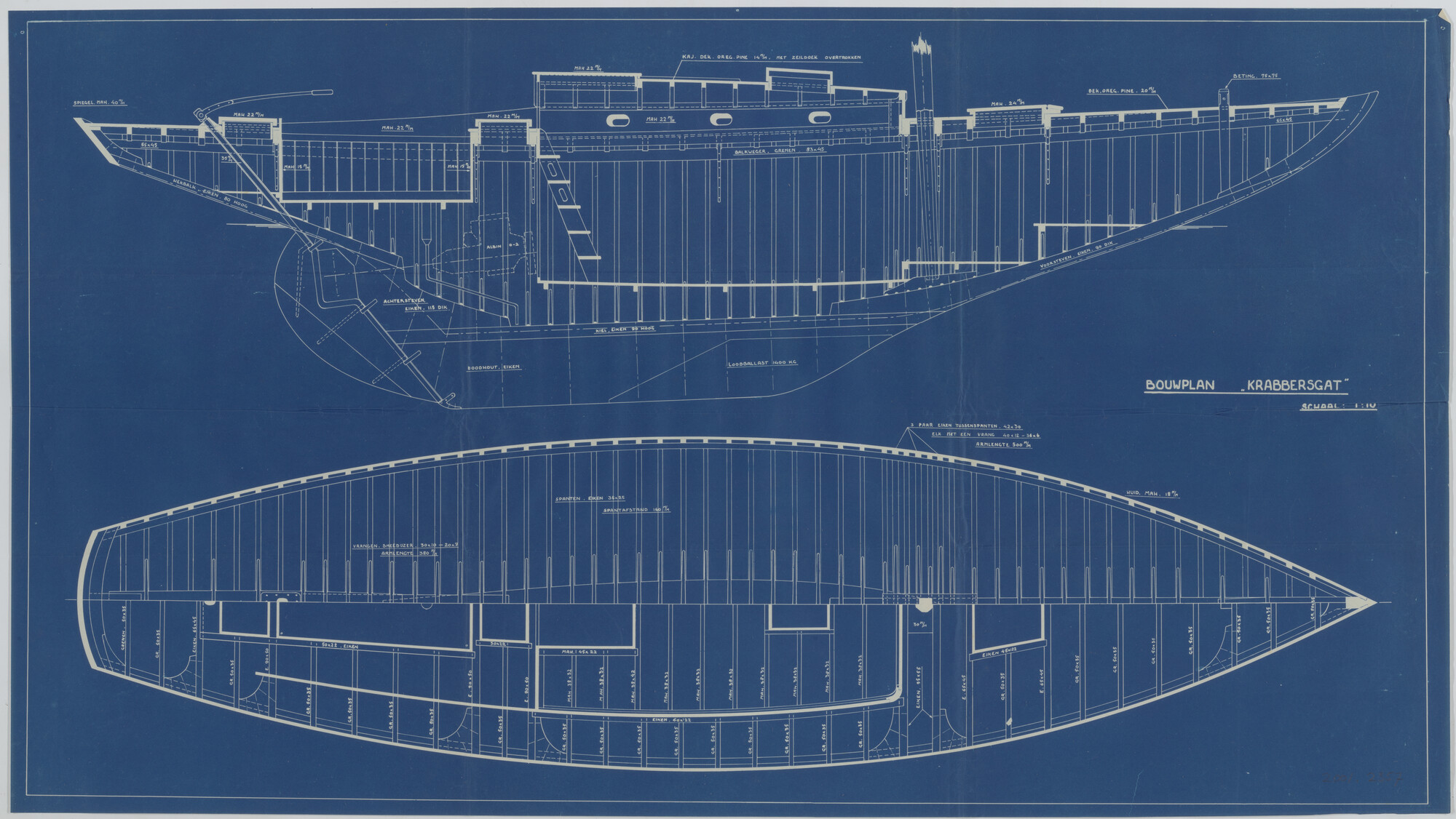 2001.2357; Constructietekening van de zeilkruiser Krabbersgat; technische tekening