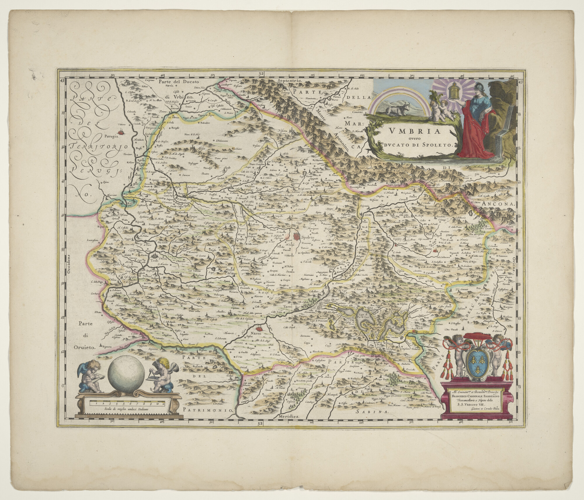 B.0216(0267); Met de hand gekleurde kaart van Umbrie in Italië, door Cornelis (ca 1610-1642) en Joan Blaeu (1598/99-1673), Amsterdam, circa 1638-1642; landkaart