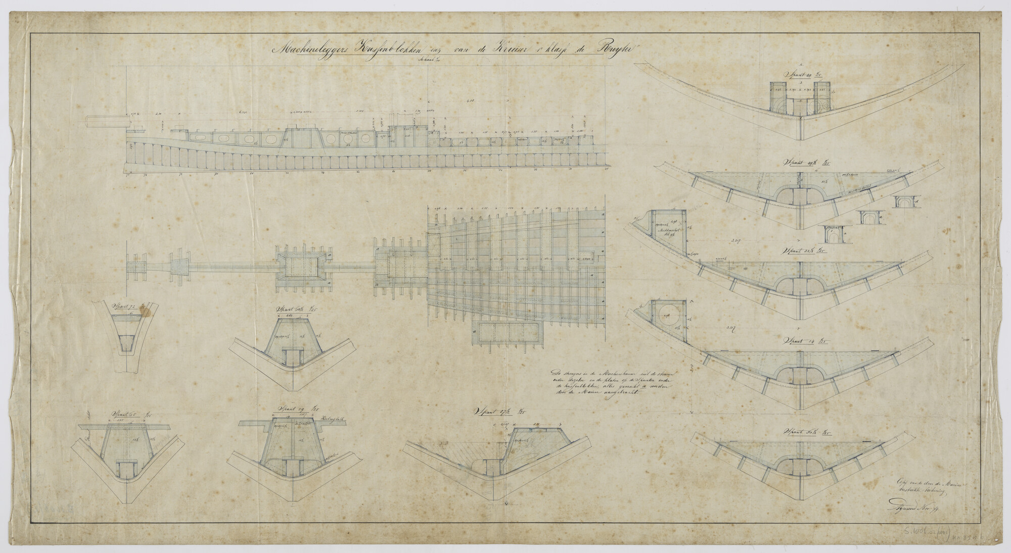 S.1006(02)0001; Fundatieconstructies van de machinekamer van het schroefstoomschip der eerste klasse Zr.Ms. 'De Ruyter' (1879); technische tekening