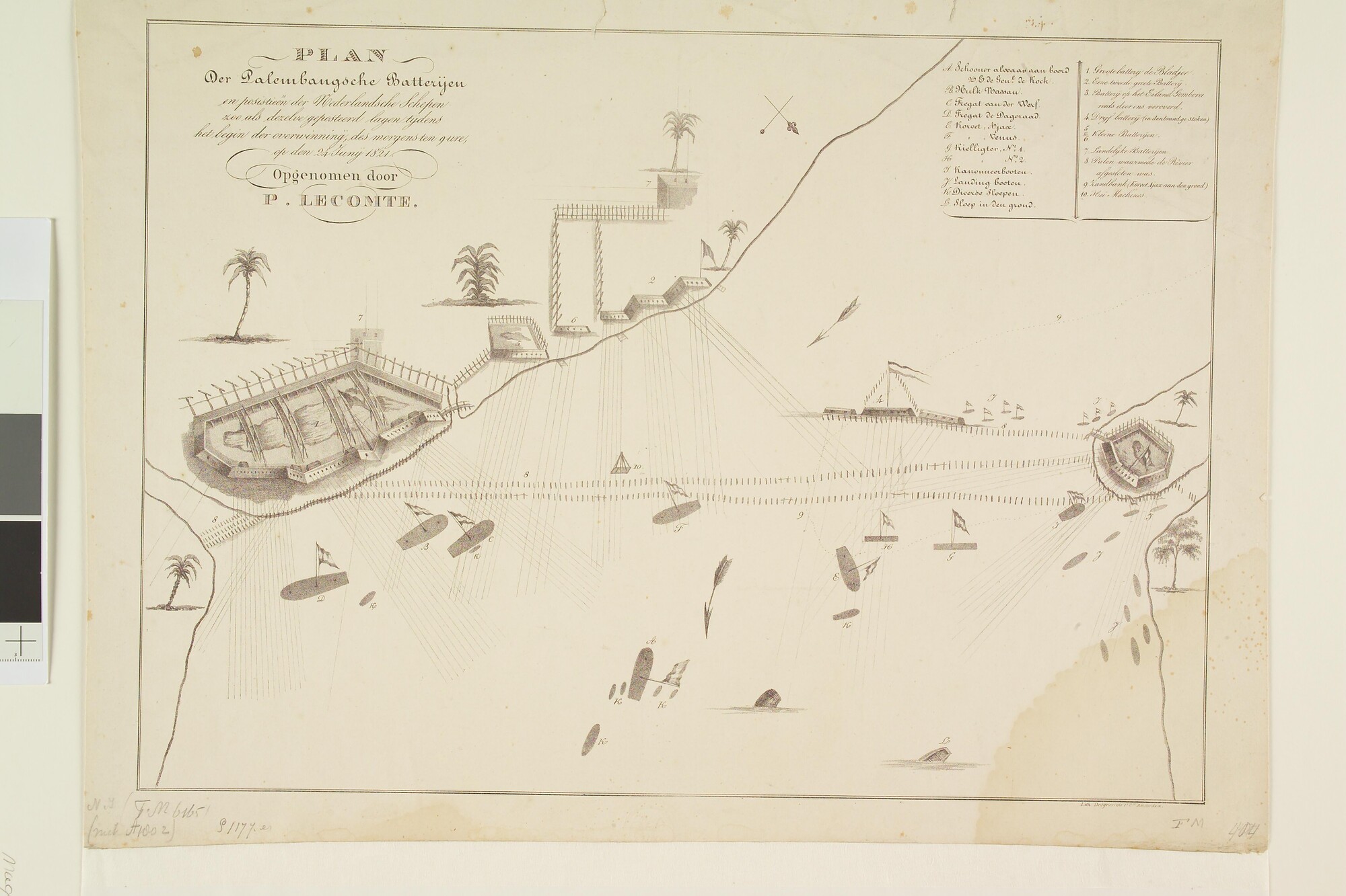 A.1802 [nr 0001]; Plattegrond van de Palembangse batterijen en de Nederlandse schepen, 1821; prent