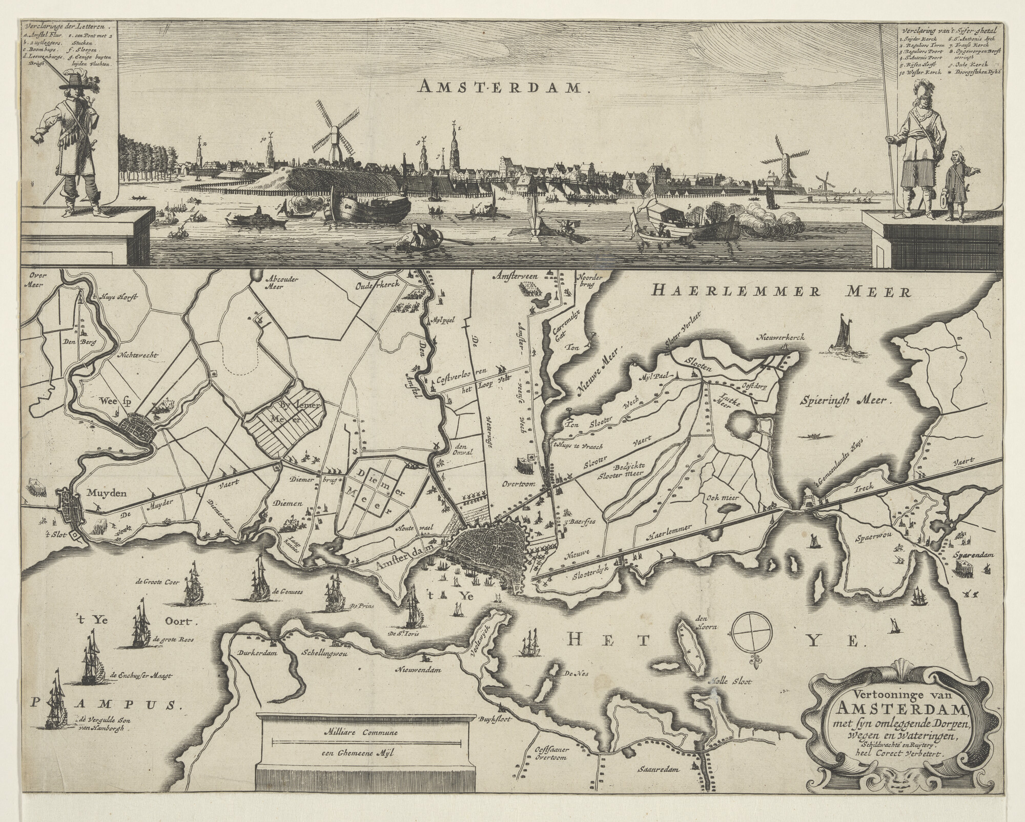 A.2948(02); Panorama van Amsterdam vanaf de Amstel met kaart van Amsterdam en omgeving; prent