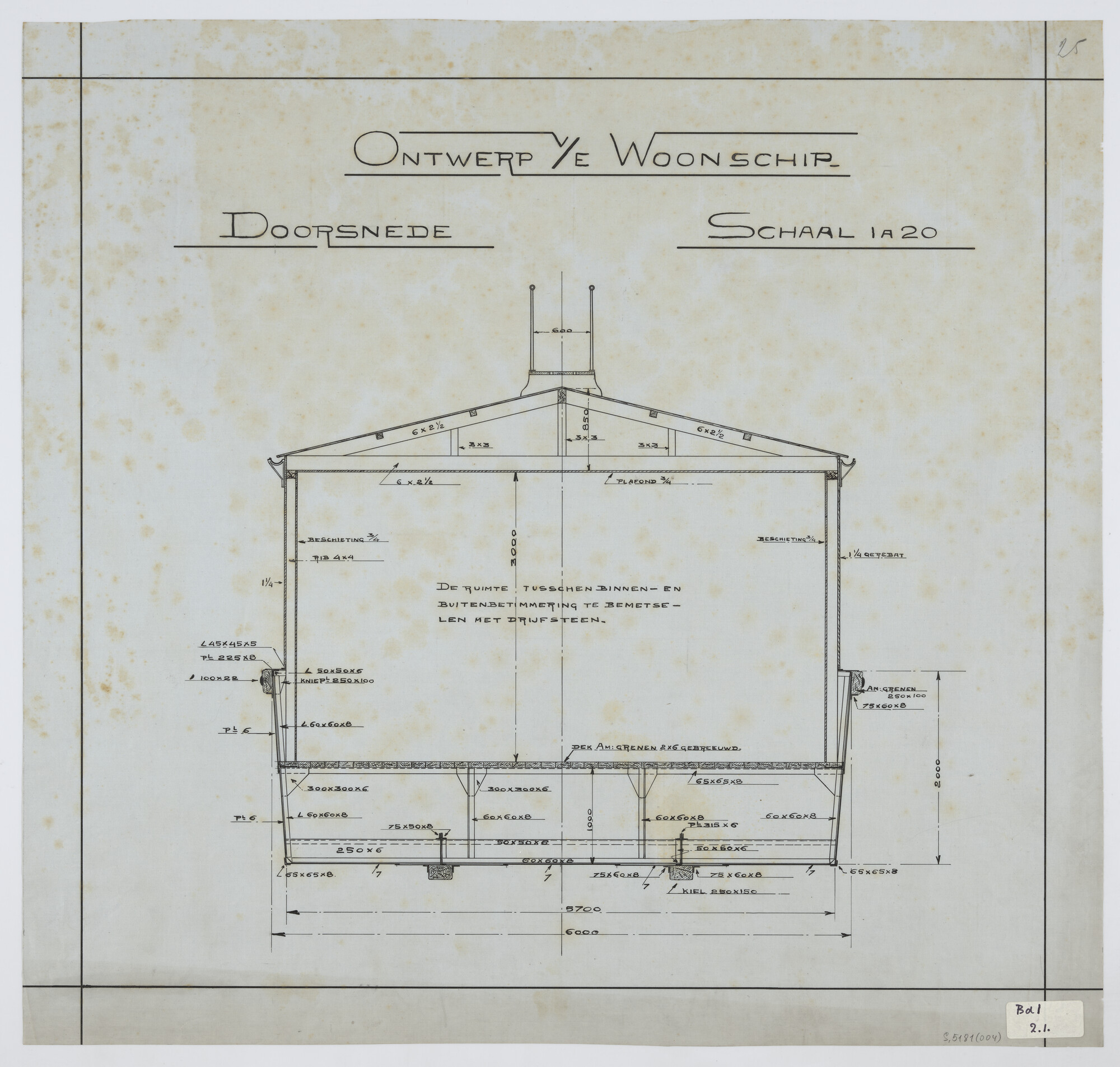 S.5181(004); Dwarsdoorsnede van een woonschip, gebouwd op een dekschuit; technische tekening