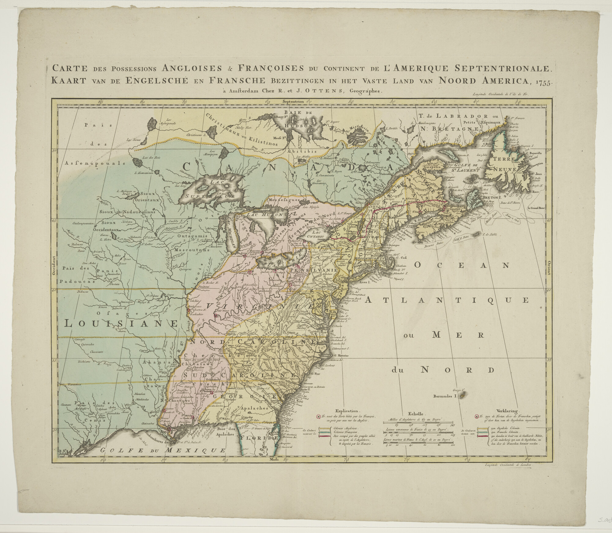 S.0183(15)2; Met de hand gekleurde kaart van de Engelse en Franse bezittingen in Noord-Amerika; landkaart