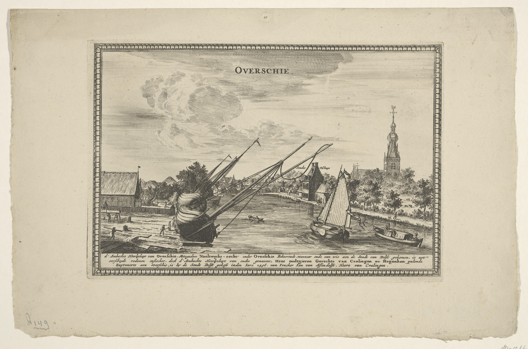 A.0149(0029)2; Gezicht op het dorp Overschie met een scheepswerf en scheepvaart op de Schie; prent
